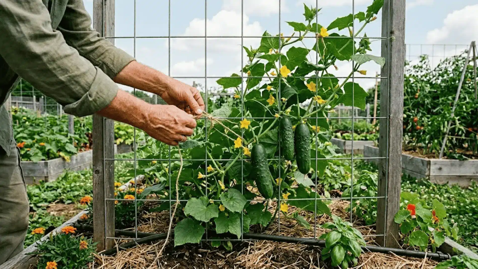 gardener tying cucumber vines to a wire trellis mid-season with ripe cucumbers and open blossoms visible in full sun