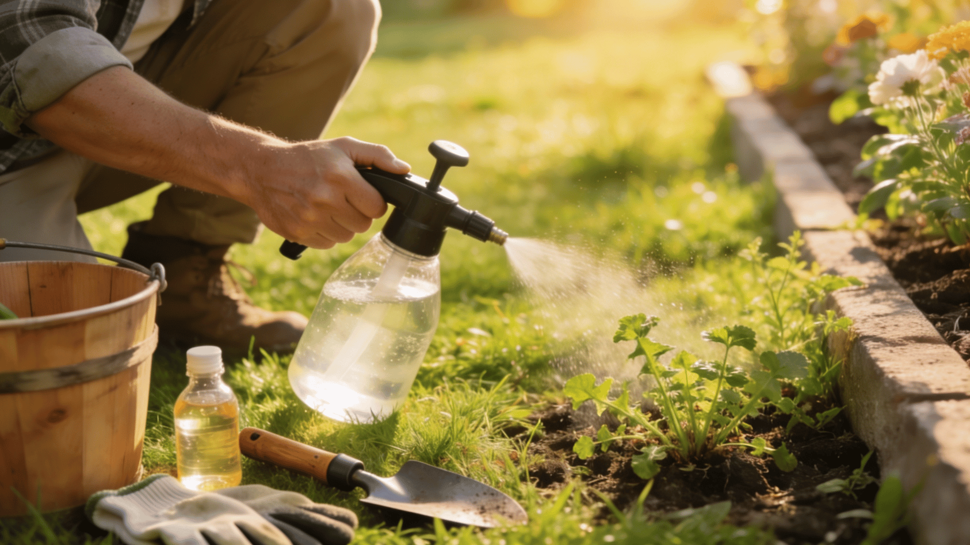 gardener using spray bottle to treat weeds beside flower bed with tools and bucket on sunny lawn outdoors