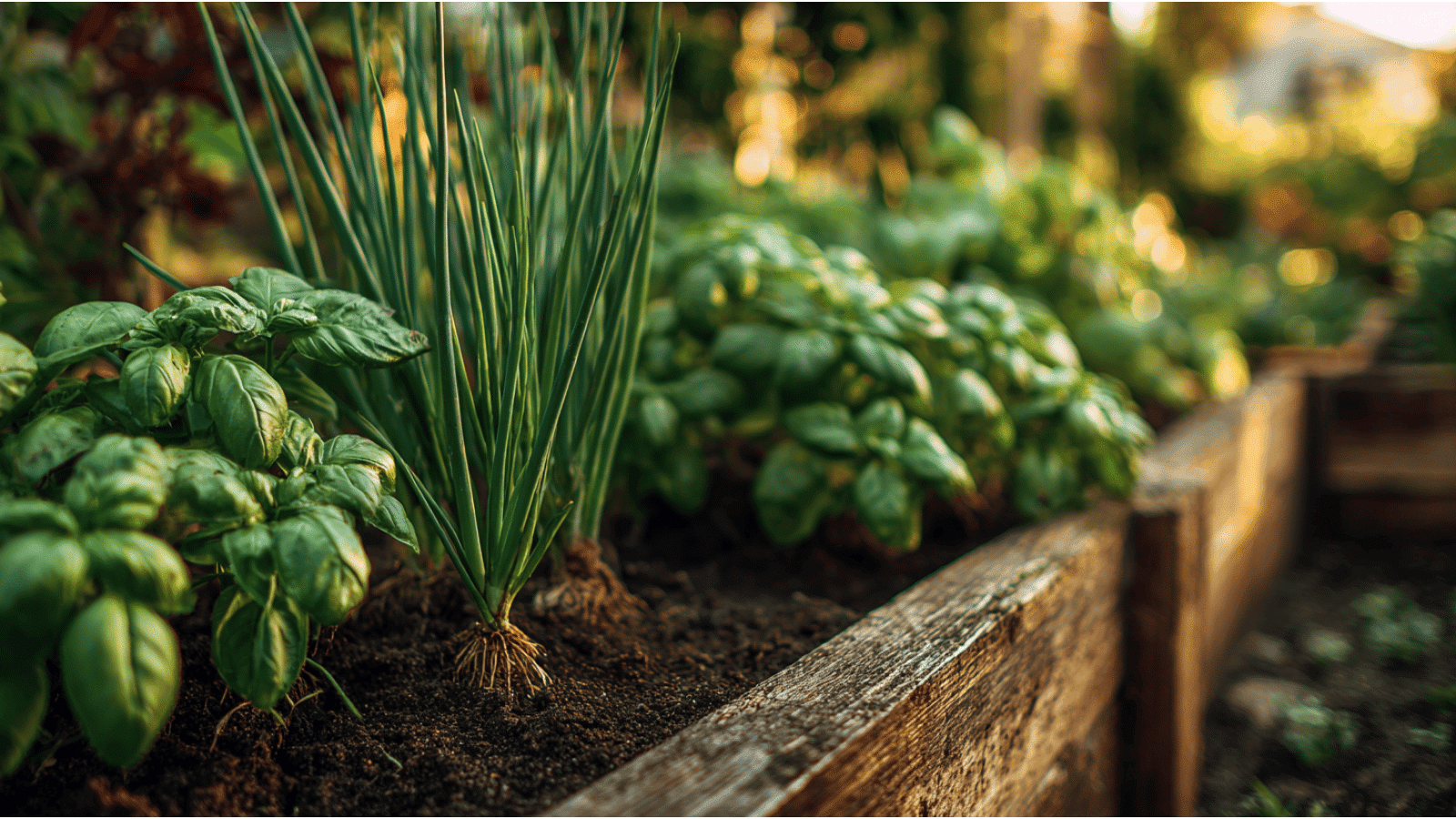 Garlic shoots and basil growing together in a timber garden frame with fertile dirt.