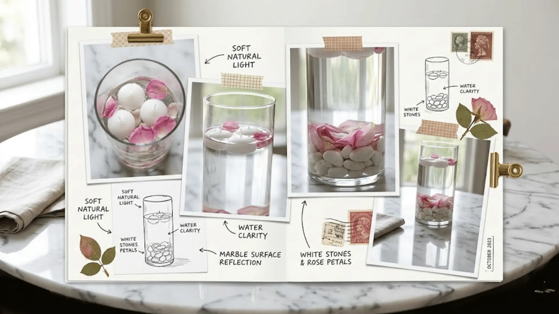 glass vase with floating candles and rose petals centerpiece on marble dining table in soft light