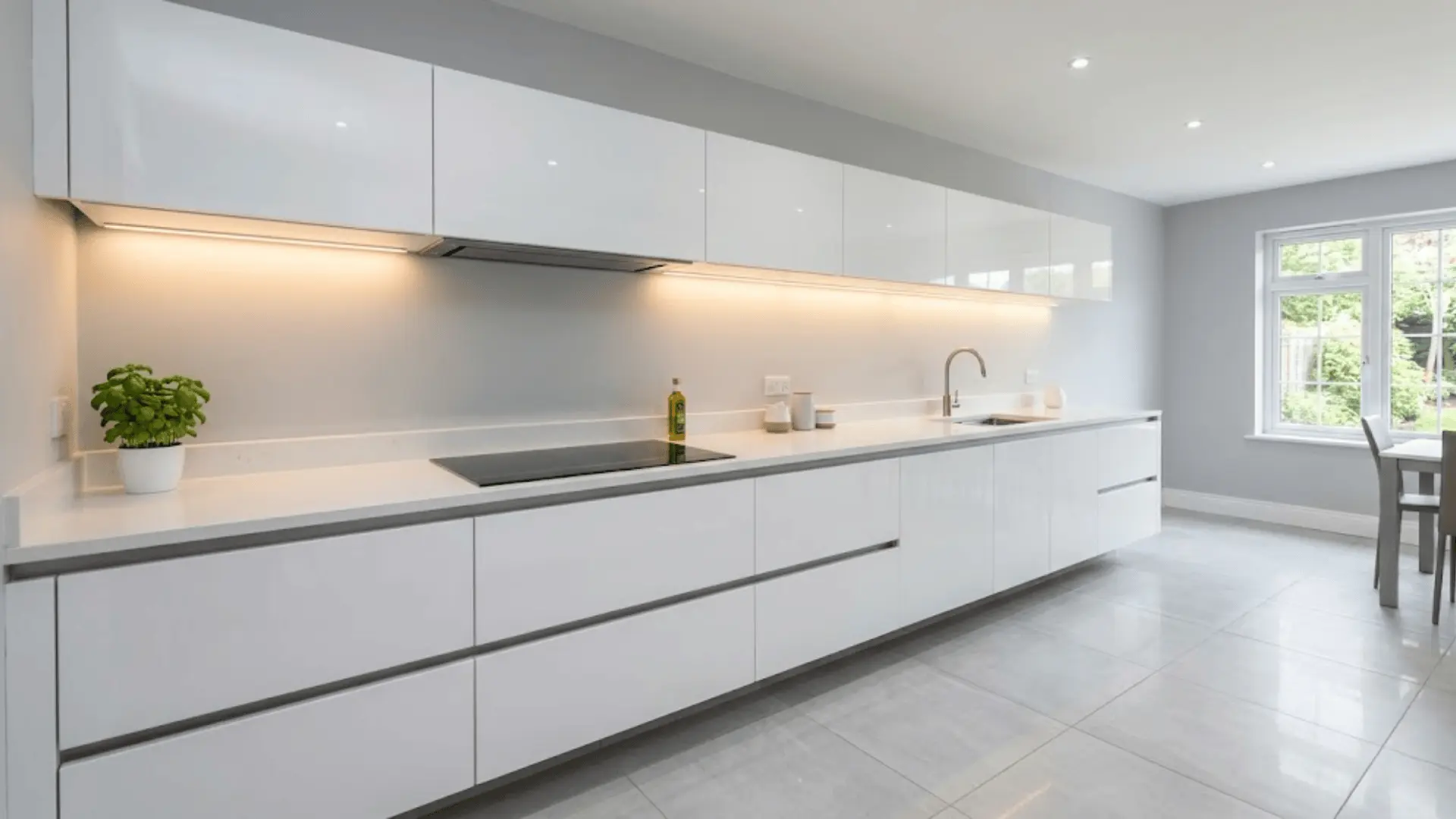 gloss white floating cabinets with led underlighting in a contemporary kitchen with grey porcelain floors