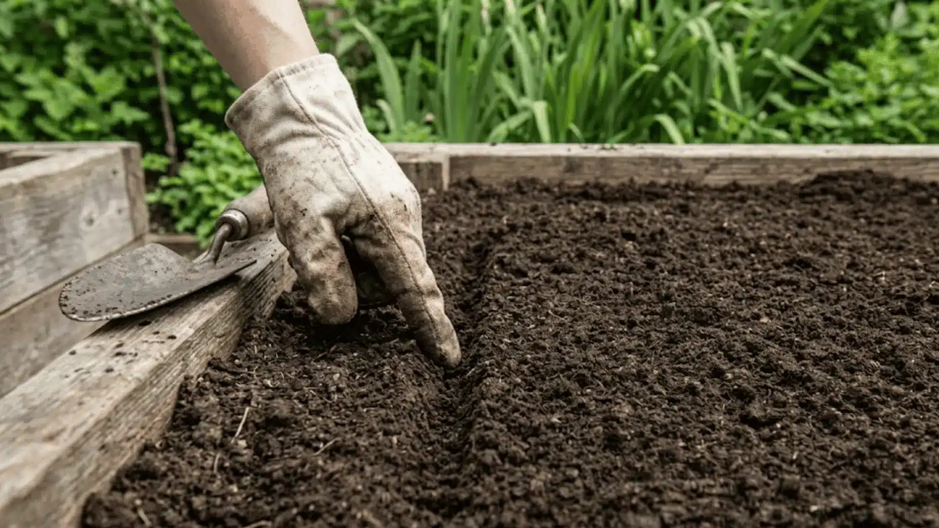 gloved finger pressing a shallow row into fine dark soil in a wooden raised garden bed