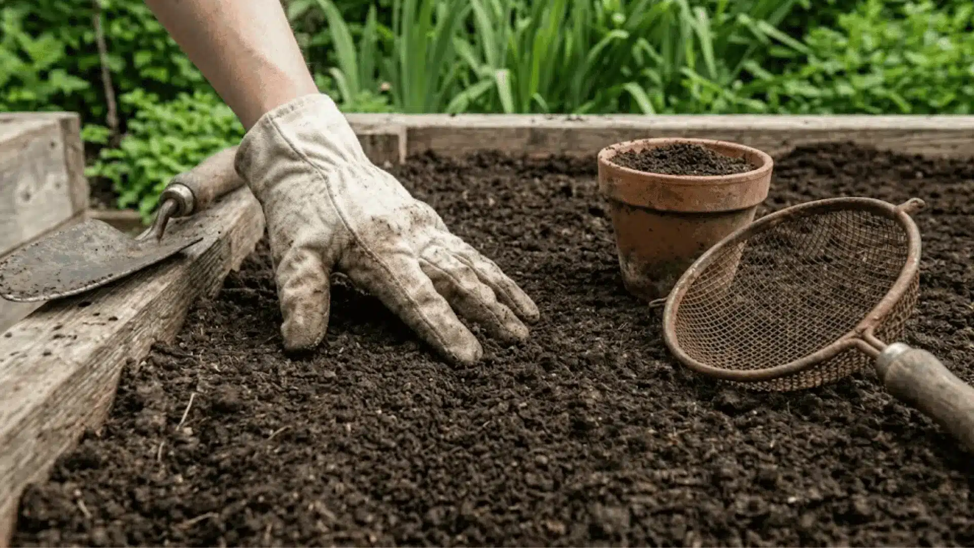 gloved hand gently covering carrot seeds with a thin layer of fine compost in a garden bed