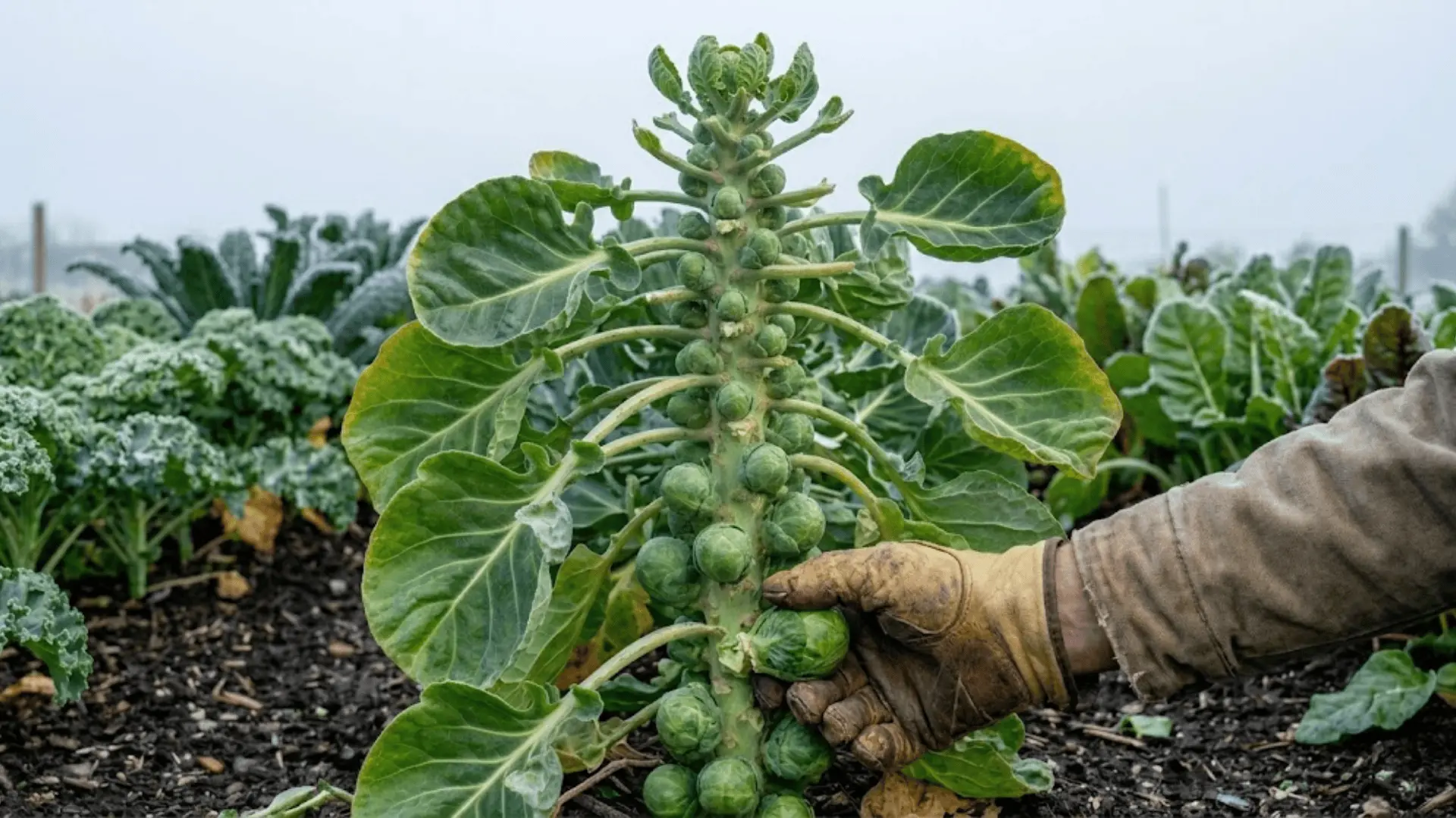 gloved hand harvesting mature brussels sprout from frost-covered stem, cold autumn morning, sharp garden background