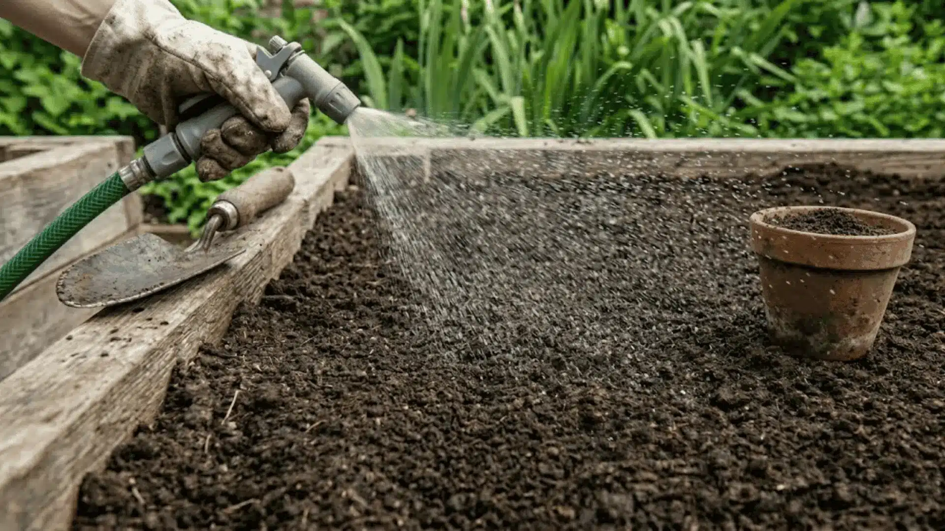gloved hand misting water gently over freshly sown carrot seed bed in morning garden light