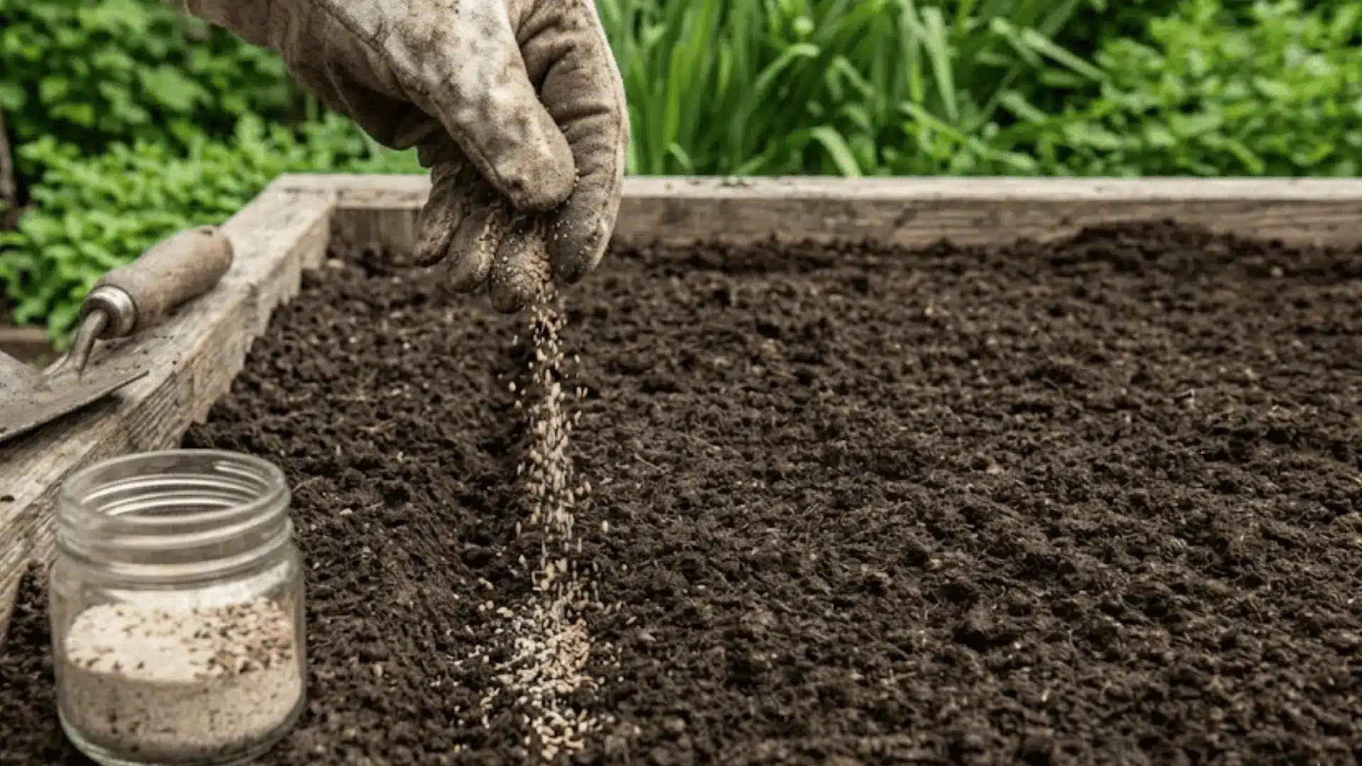 gloved hand sprinkling carrot seeds mixed with sand into a shallow furrow in dark garden soil