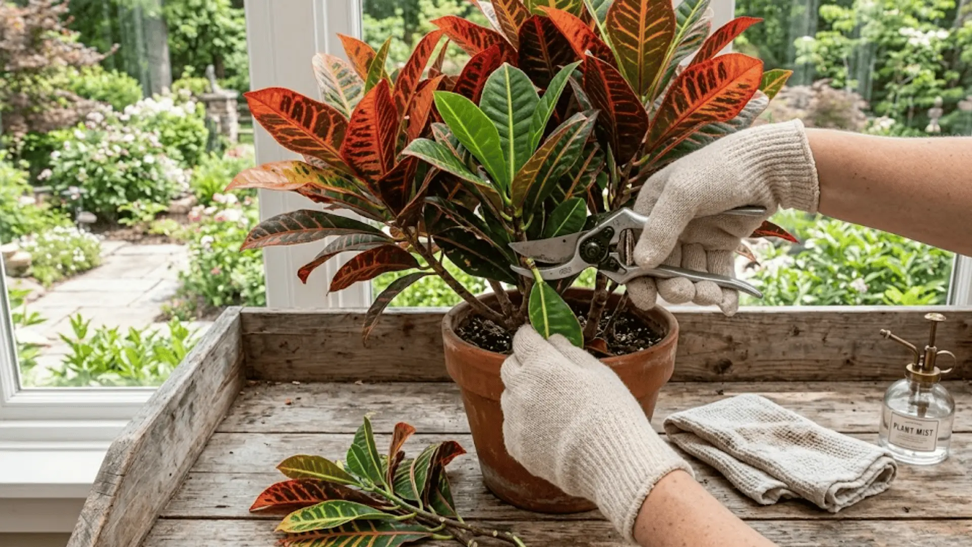 gloved hands pruning a vibrant croton plant with sharp shears above a leaf node on a natural wooden potting bench