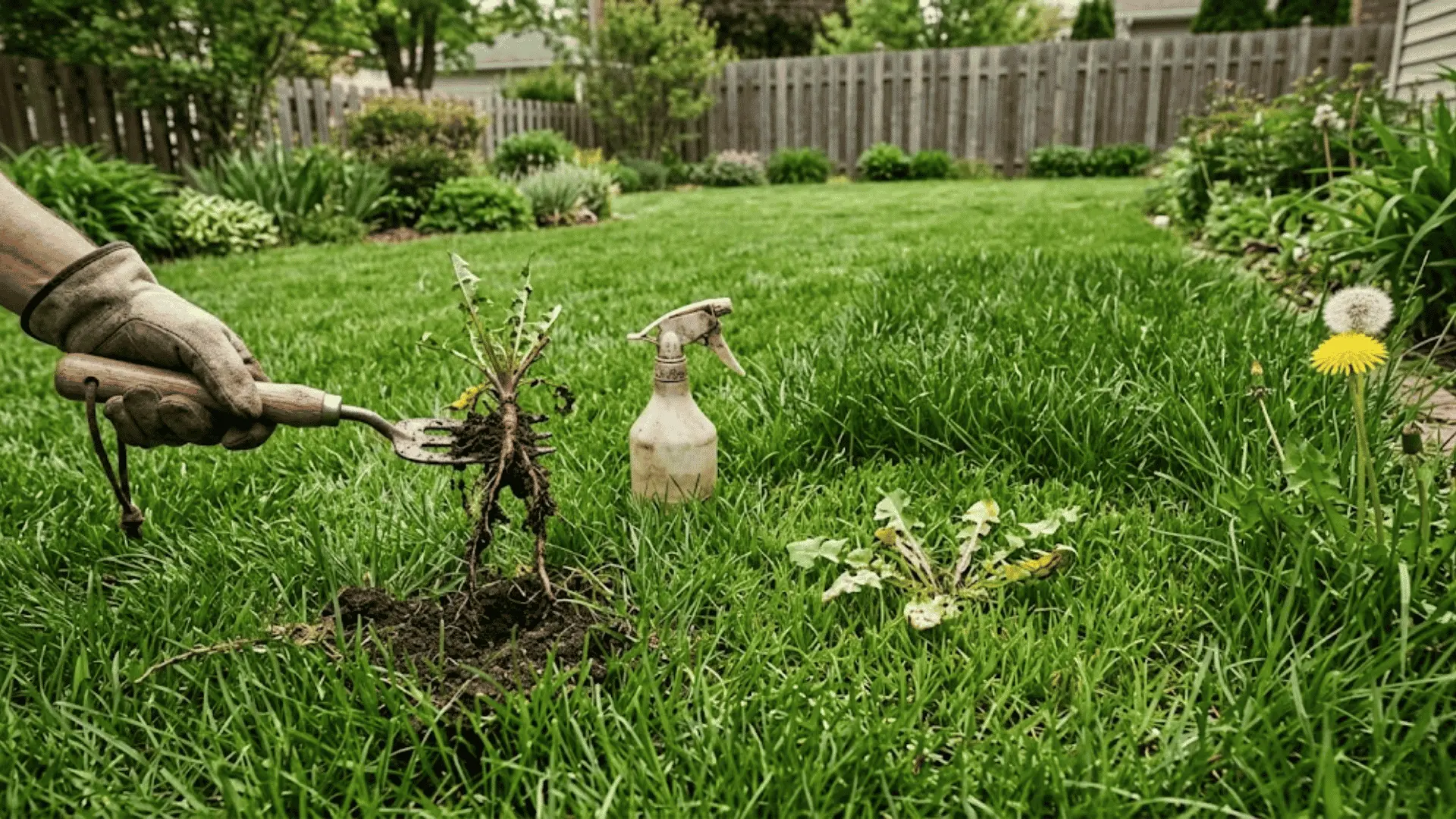 gloved hands pulling dandelions from a green lawn with weeding tools and spray bottle nearby