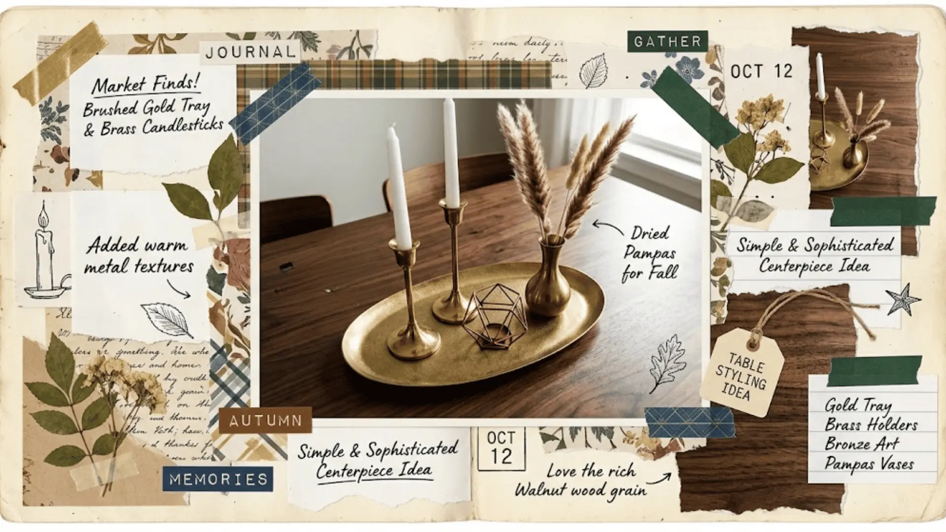 gold brass and bronze metallic tray candleholders and geometric sculpture as luxury dining table centerpiece