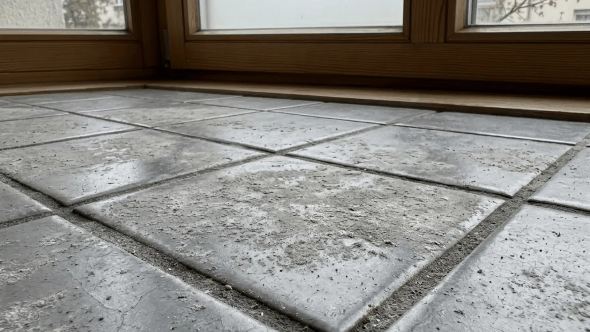 gray white powdery mildew layer on bathroom tile surface and grout near window