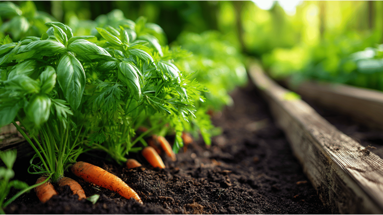 Green basil and fresh carrots growing together in dark garden soil inside a sunny wooden planter box.
