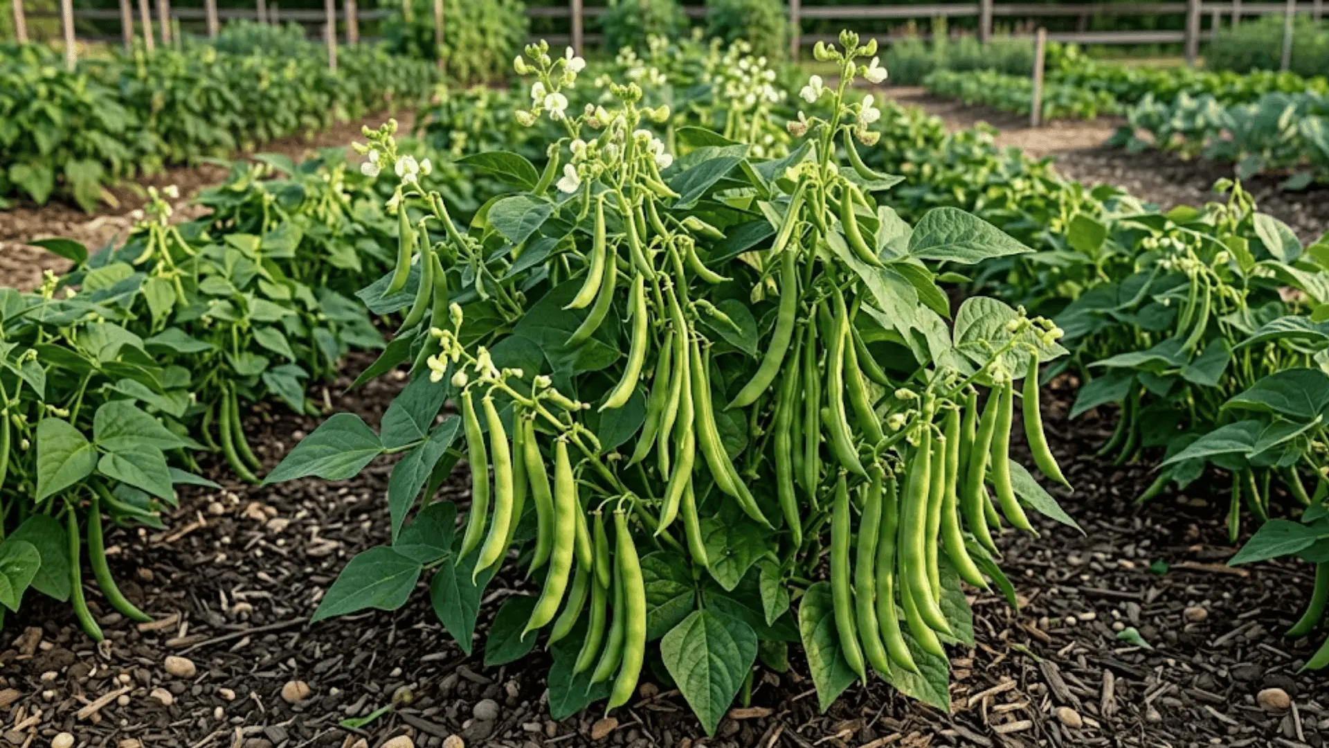 green bean plant loaded with young pods at various stages of development hanging from stems in natural daylight