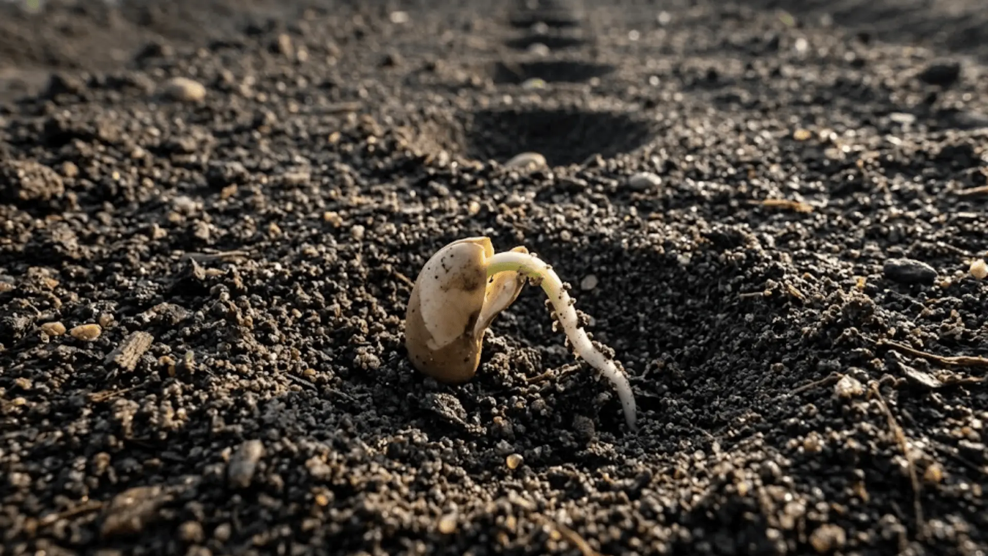 green bean seed cracked open with white radicle emerging into dark moist garden soil in low morning light