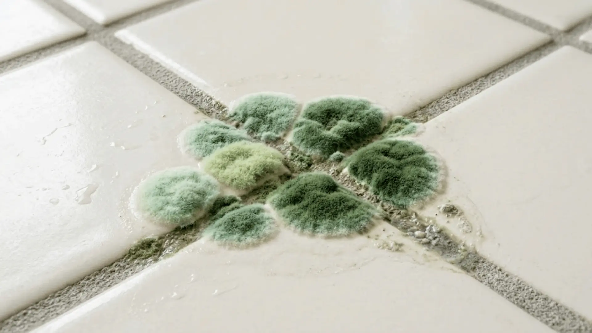 green mold fuzzy colonies ranging mint to forest green on bathroom shower tile and grout