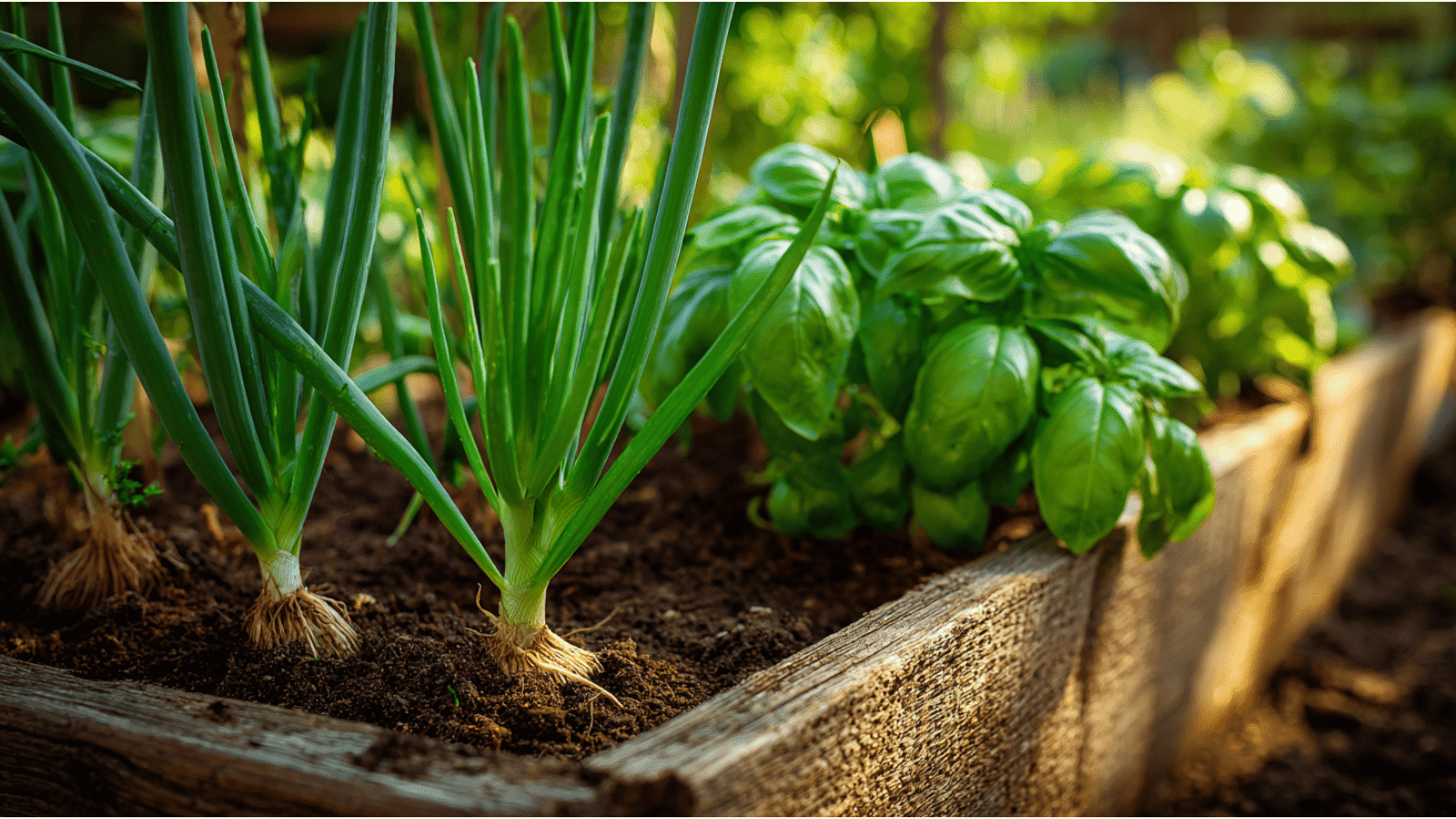 Green onions and basil growing side by side in a garden box with loose soil.