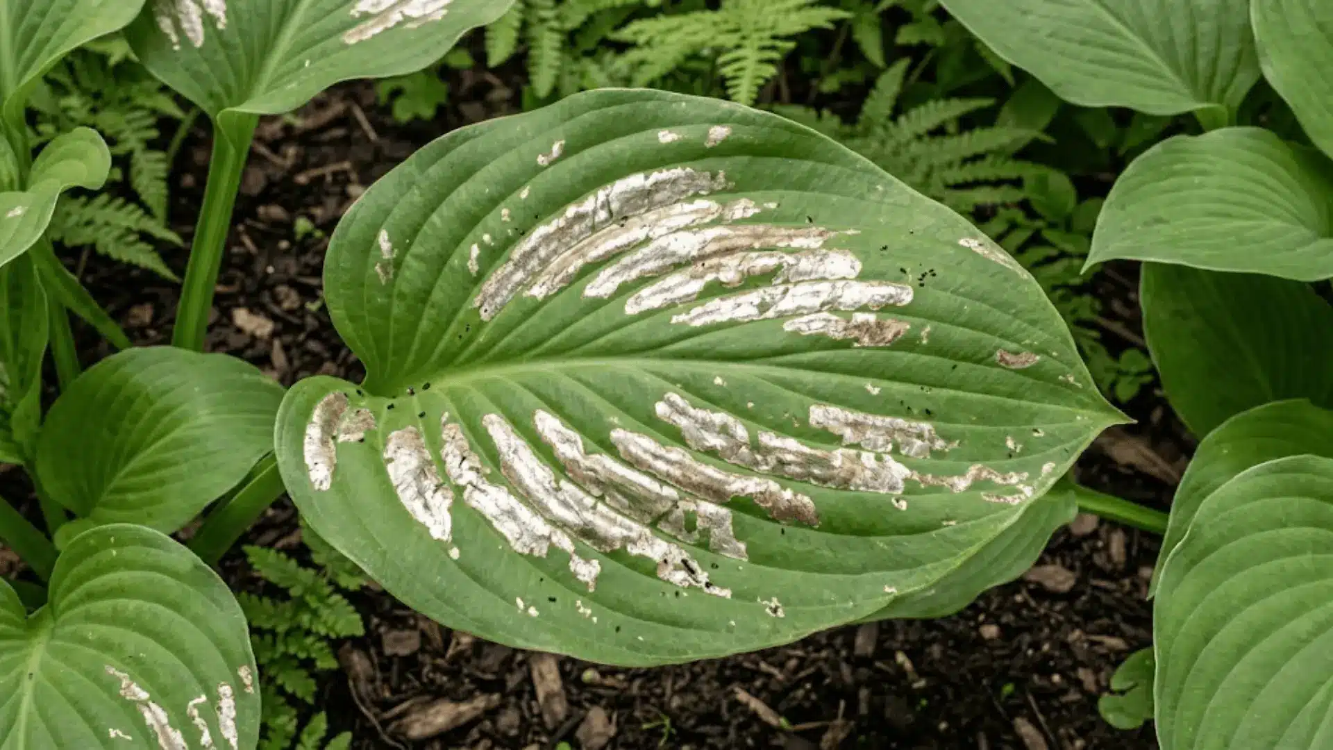 green plant leaf with silvery bronze metallic streaks from thrips feeding damage in natural daylight