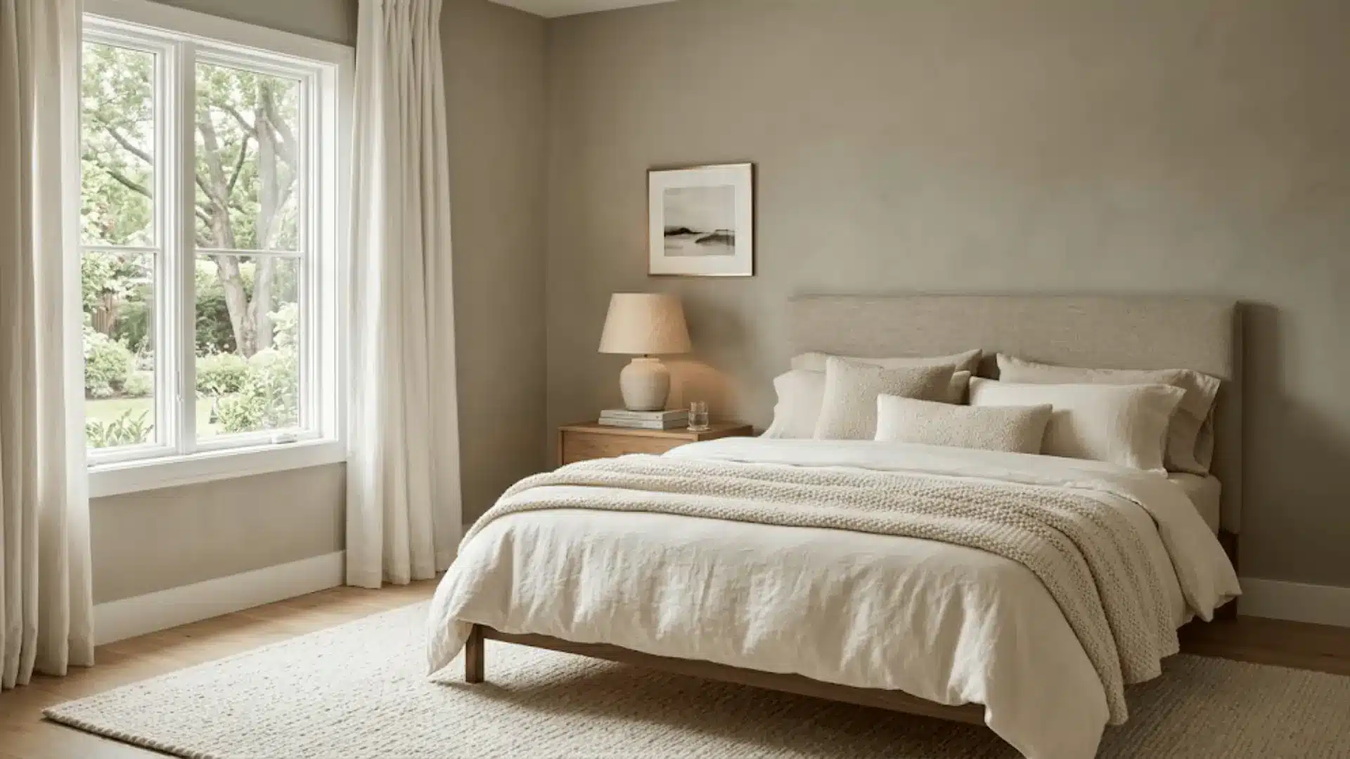 greige bedroom with linen curtains, layered cream bedding, and walnut nightstand in soft diffused light