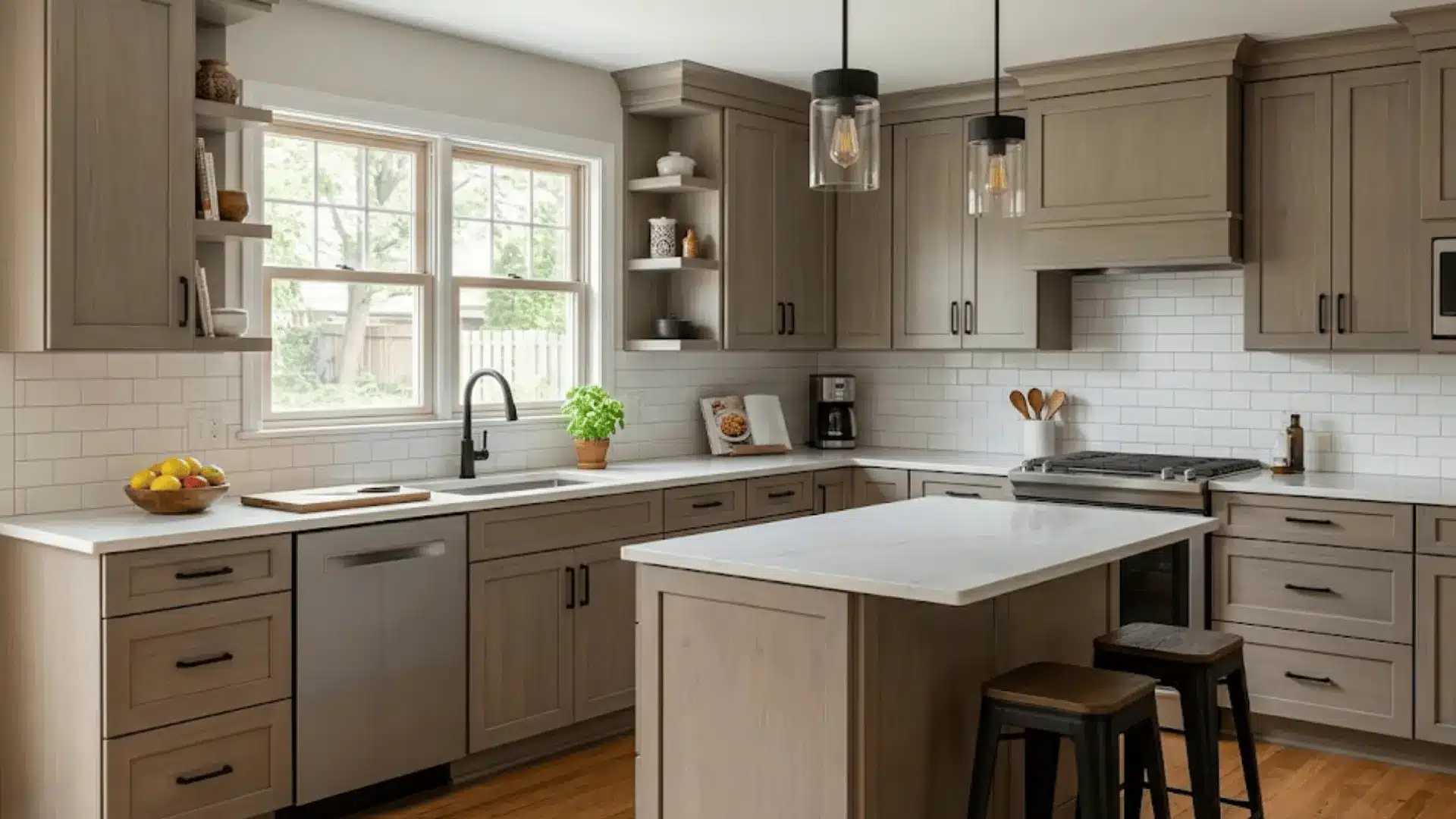 greige semi custom cabinets with matte black hardware and quartz countertops in a well designed kitchen