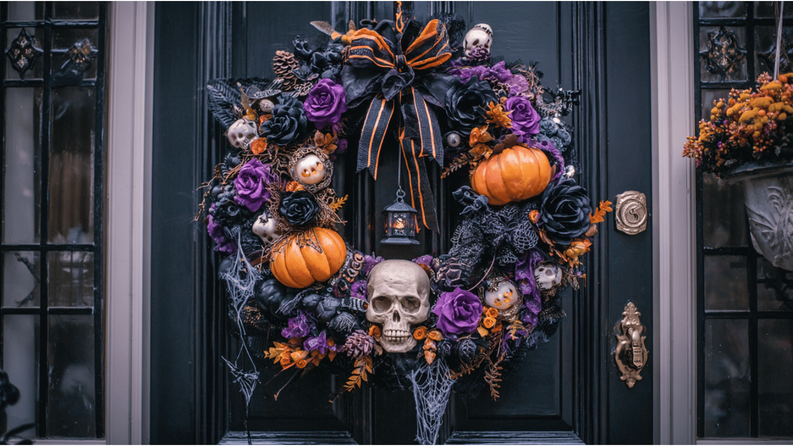 halloween wreath with pumpkins skull decor purple roses black flowers and spooky accents hanging on a dark door