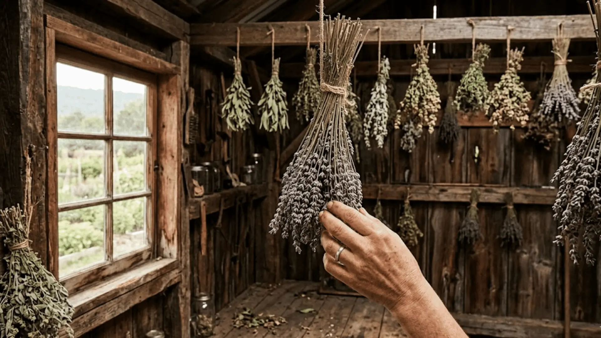 hand inspecting dried lavender bundle hanging in a rustic shed with other bundles in background