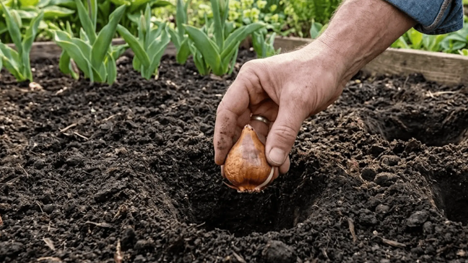 hand placing tulip bulb pointed tip up into freshly dug garden soil hole, papery brown skin intact, warm natural daylight