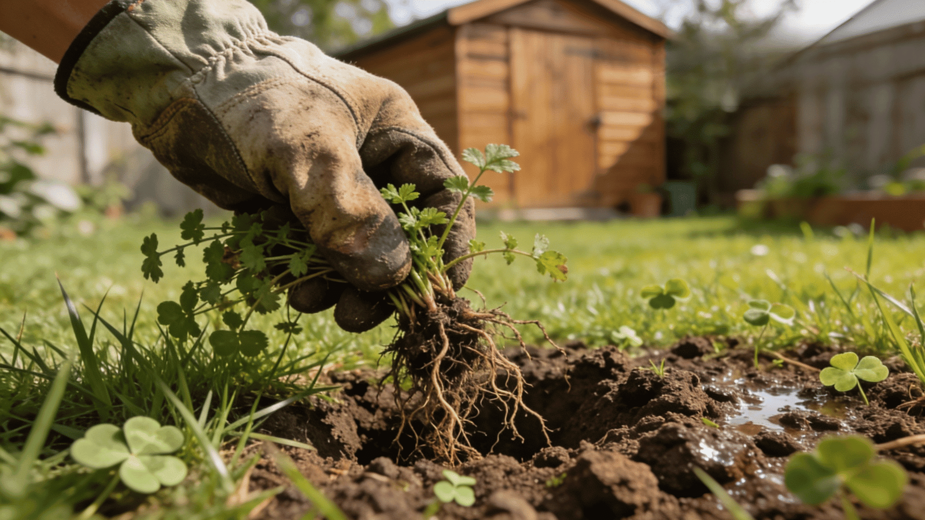 hand pulling creeping weed with exposed roots from moist garden soil in sunny backyard lawn near wooden shed outdoors