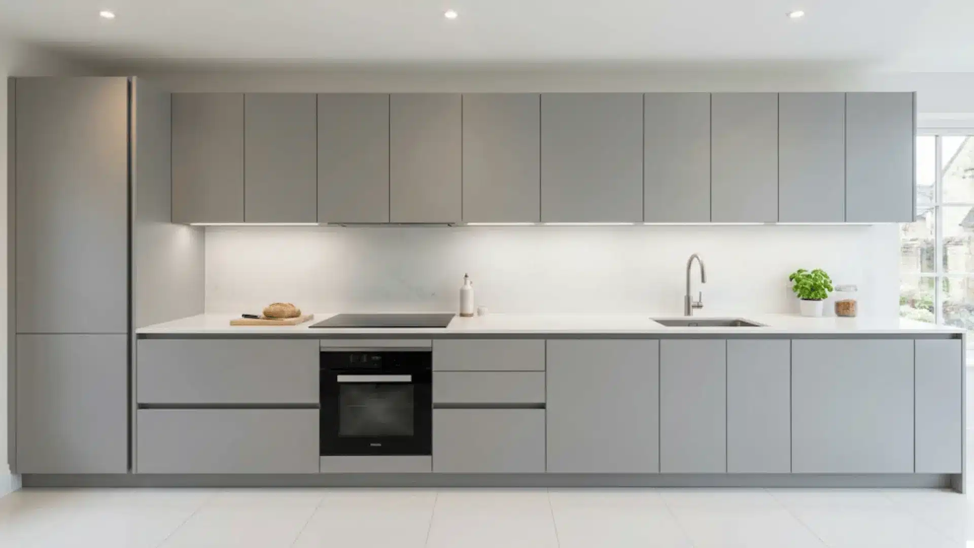 handleless dove grey frameless cabinets in a european style kitchen with seamless quartz countertops