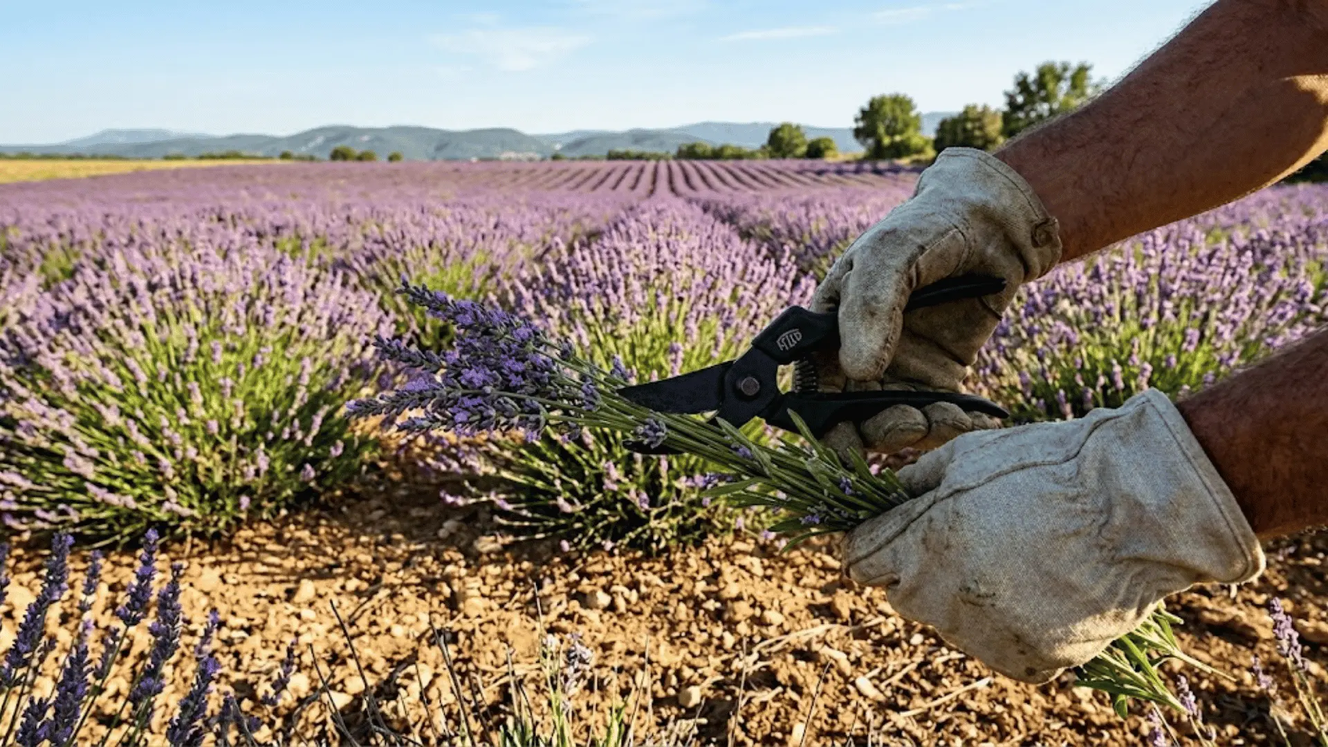 hands cutting fresh lavender stems with pruning shears in a sunlit lavender field