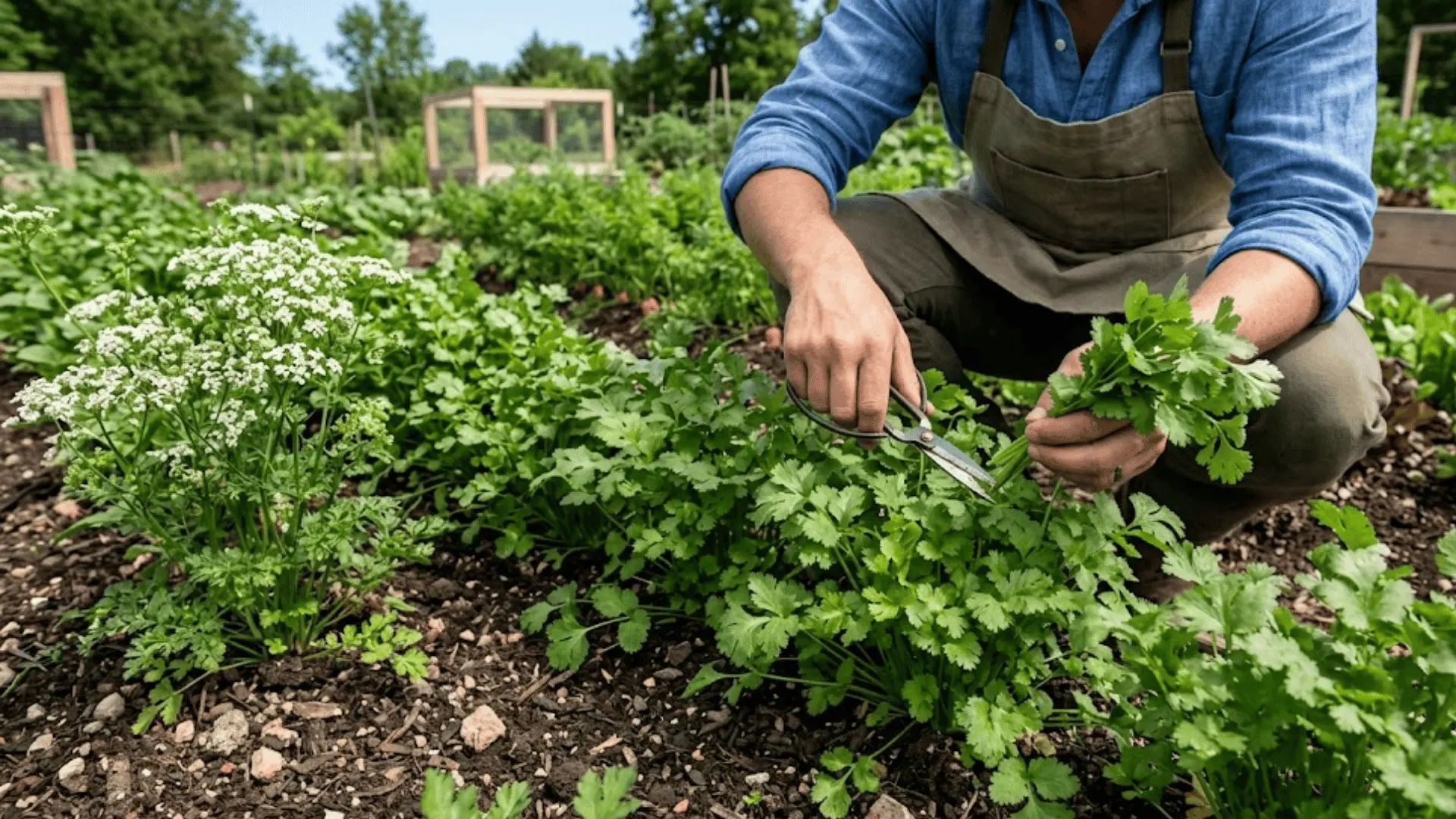 hands harvesting fresh cilantro stems with scissors in a sunlit garden bed, sharp full-frame detail