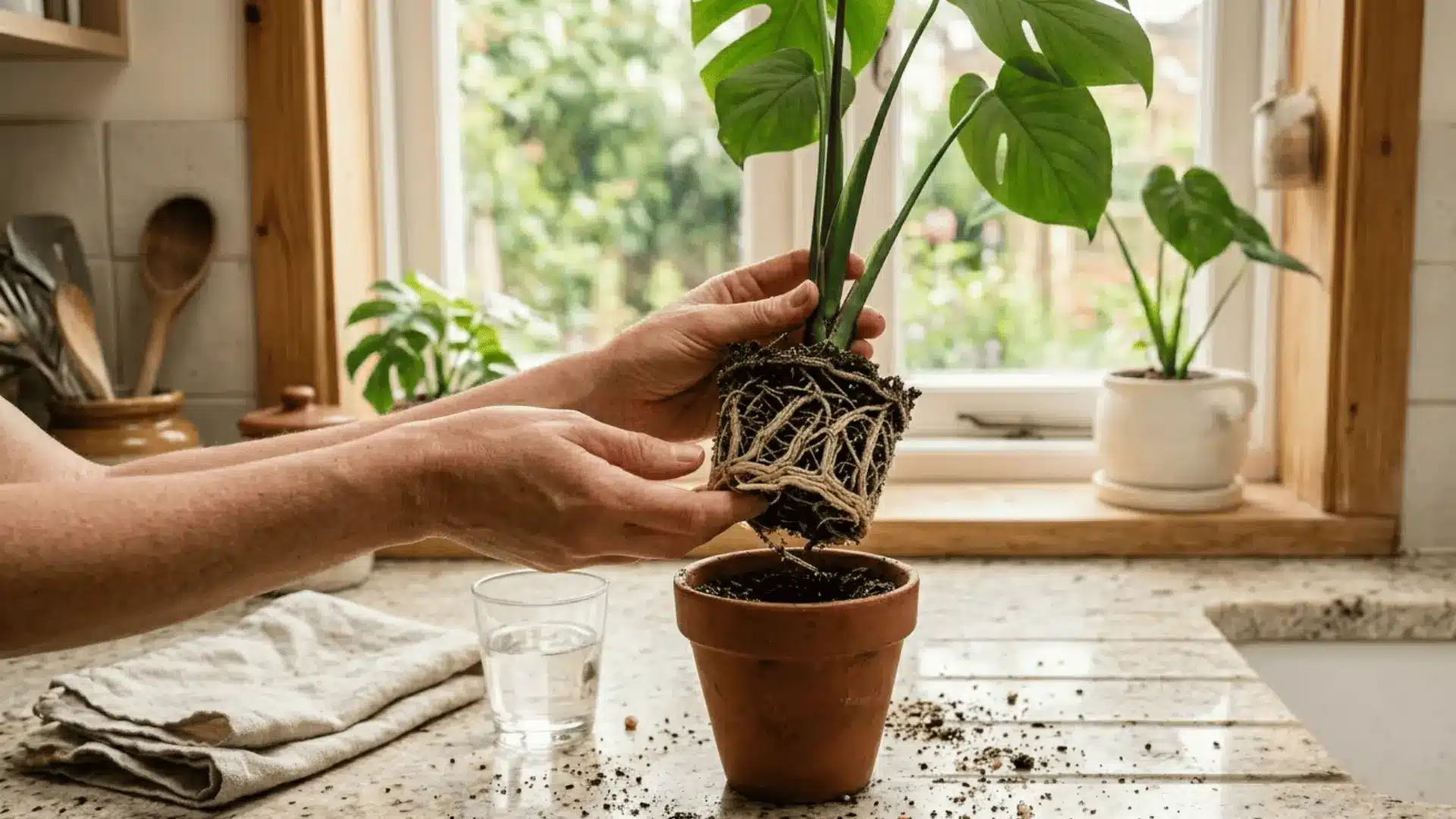 hands holding a small monstera plant above a terracotta pot with cream-white intact roots visible on a stone countertop
