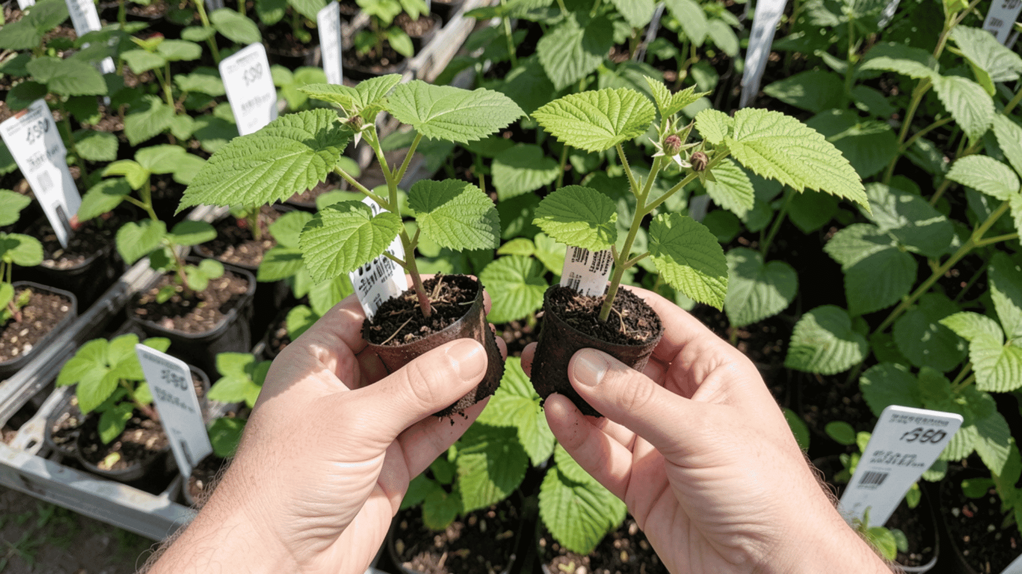 hands holding healthy raspberry cane plants at a garden nursery for selecting the right variety