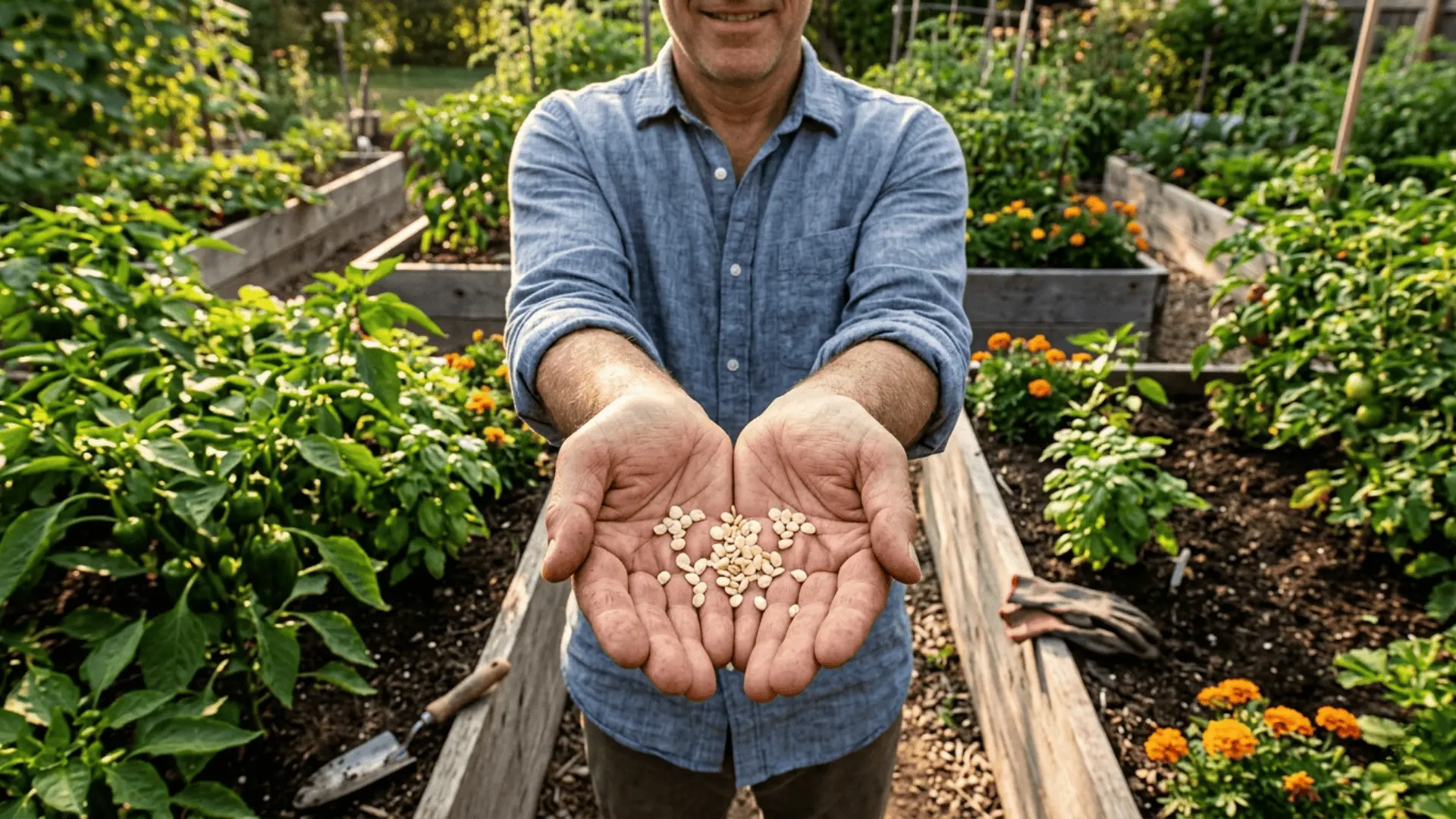 hands holding raw bell pepper seeds in a sunlit garden, warm golden hour light, raised garden beds in background