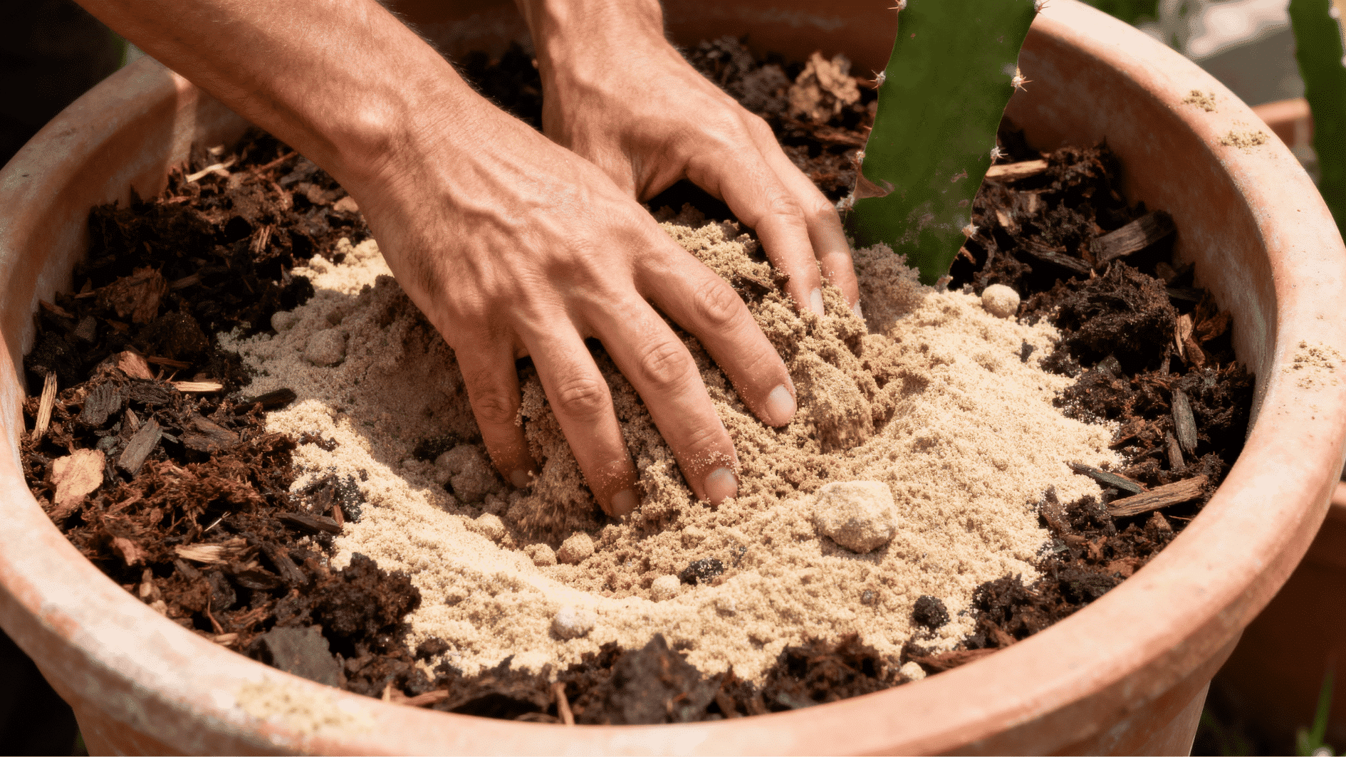 hands mixing sandy soil and compost in a large pot to prepare well-draining soil for growing dragon fruit plants