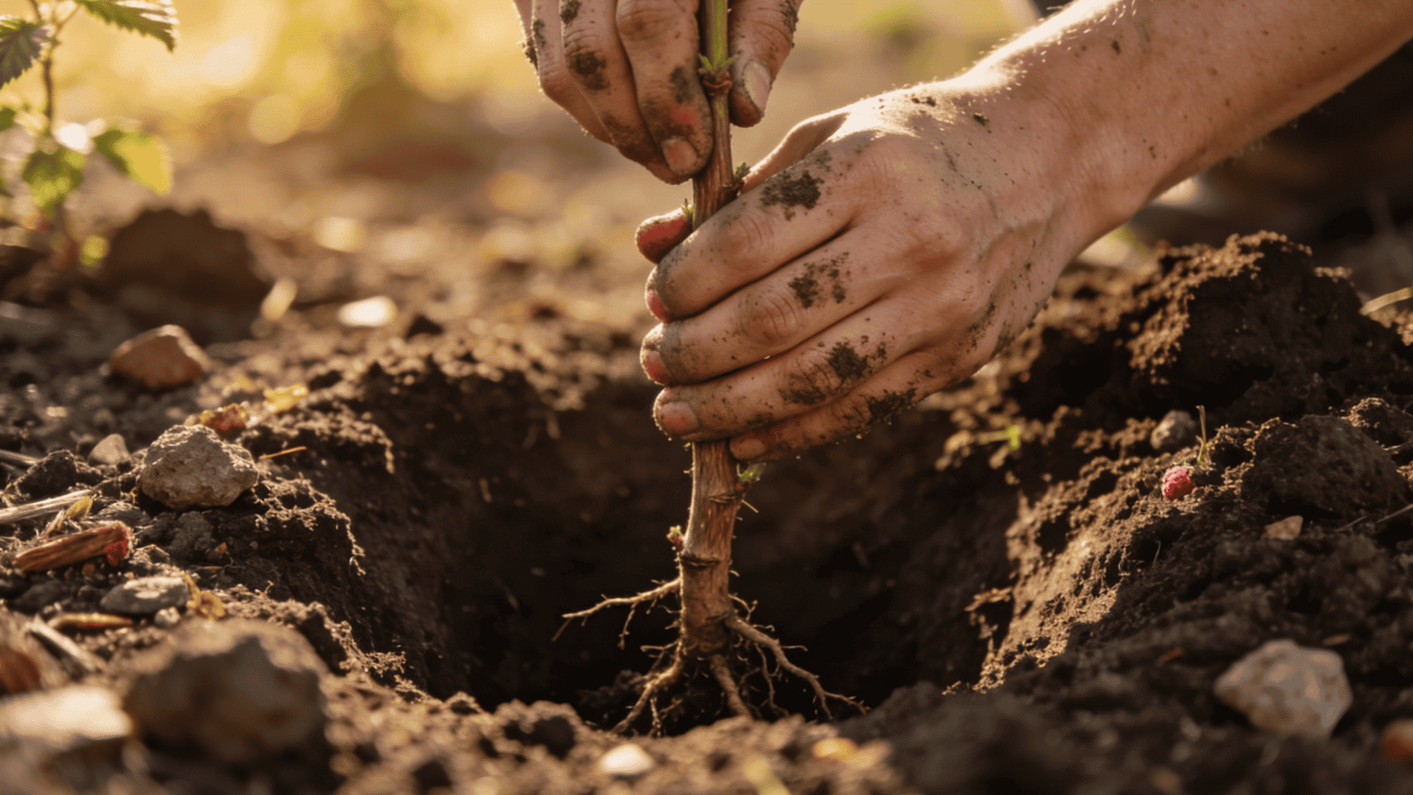hands placing a bare-root raspberry cane into a dug hole in prepared garden soil outdoors