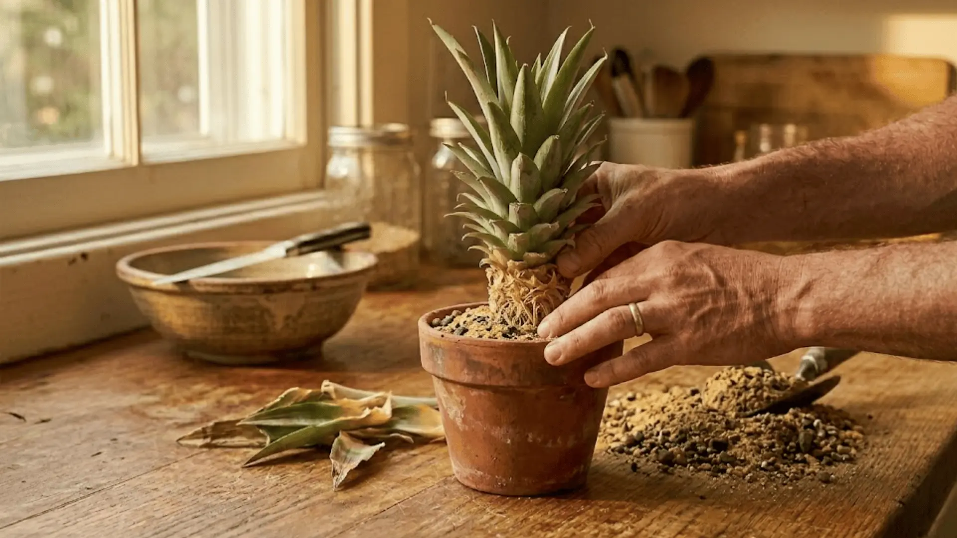 hands planting a pineapple crown into a terracotta pot with cactus soil on a wooden kitchen counter
