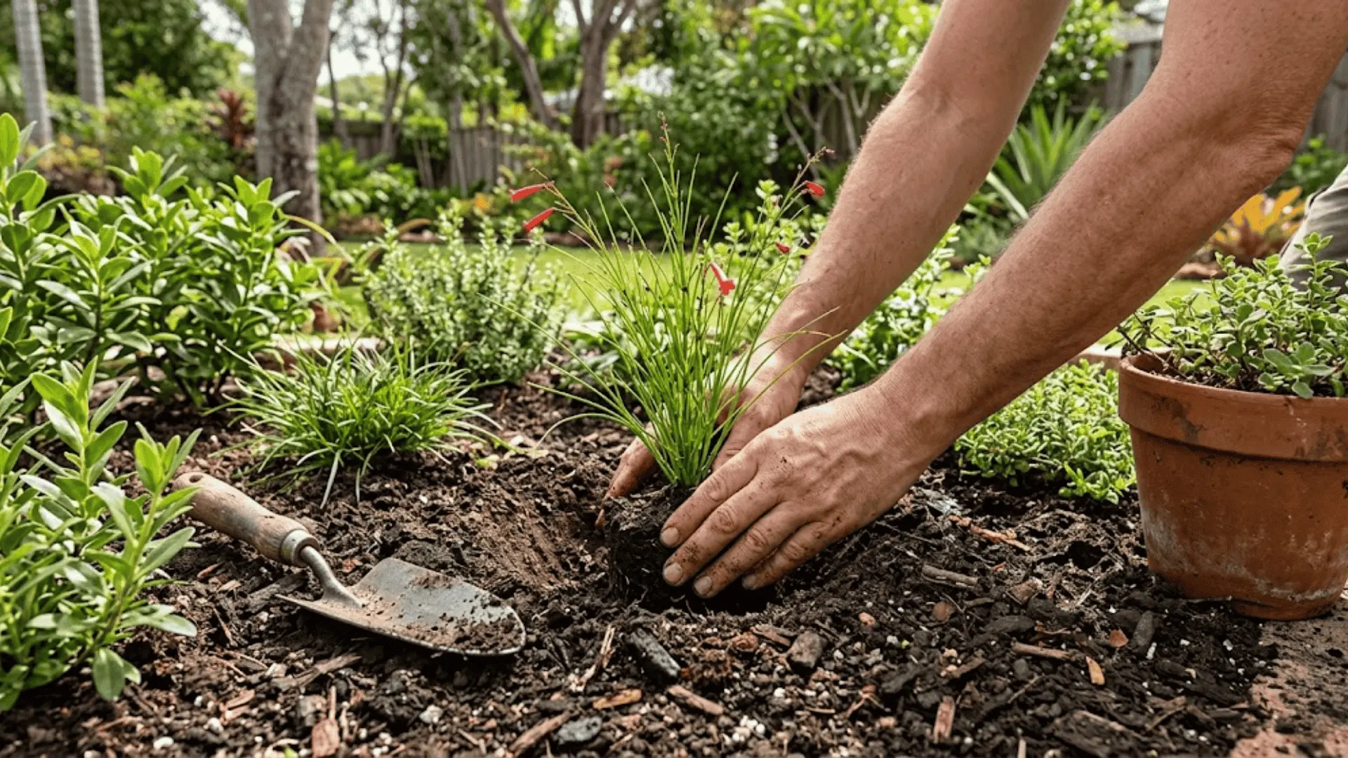 hands planting a young firecracker plant into rich, loose garden soil in bright natural sunlight