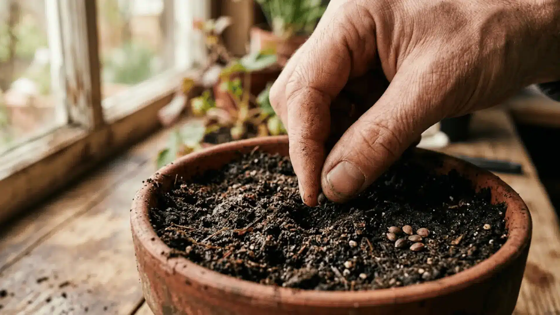 hands pressing a tiny strawberry seed into dark moist soil in a terracotta pot