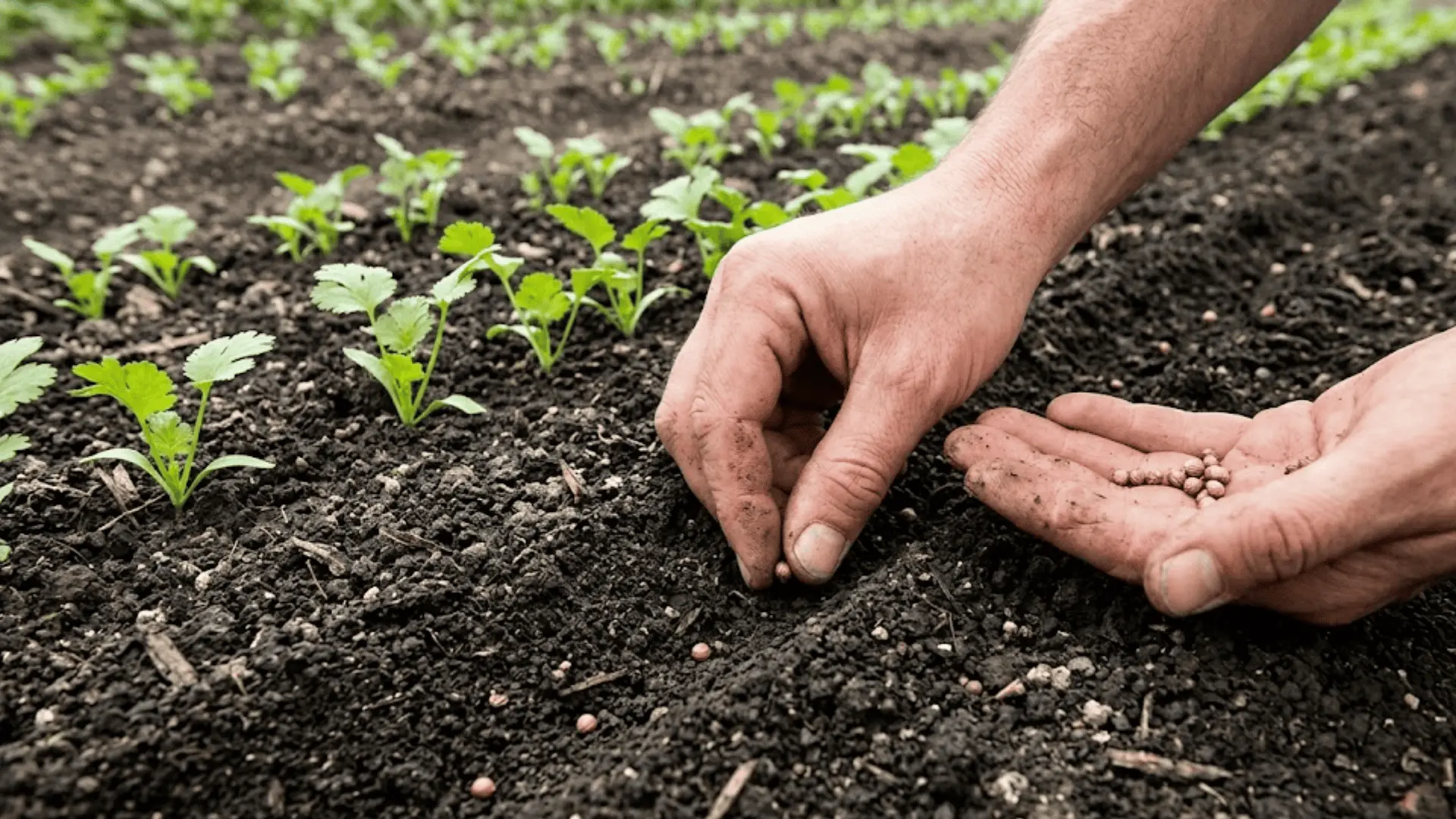 hands pressing cilantro seeds into dark garden soil with young seedlings visible in sharp background