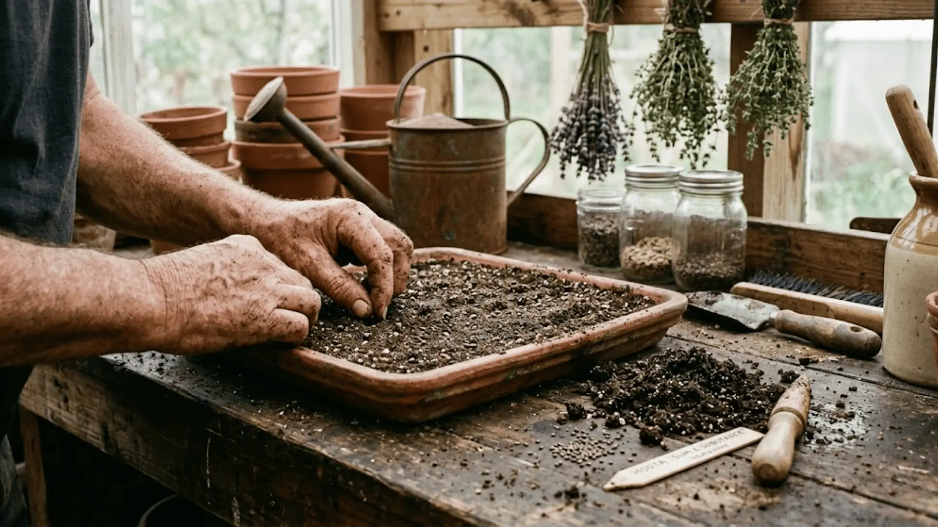 hands pressing hosta seeds into moist seed-starting mix in a terracotta tray on a wooden potting bench