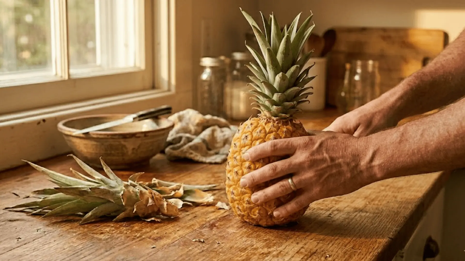 hands twisting off a ripe golden pineapple crown on a wooden kitchen counter in warm afternoon light