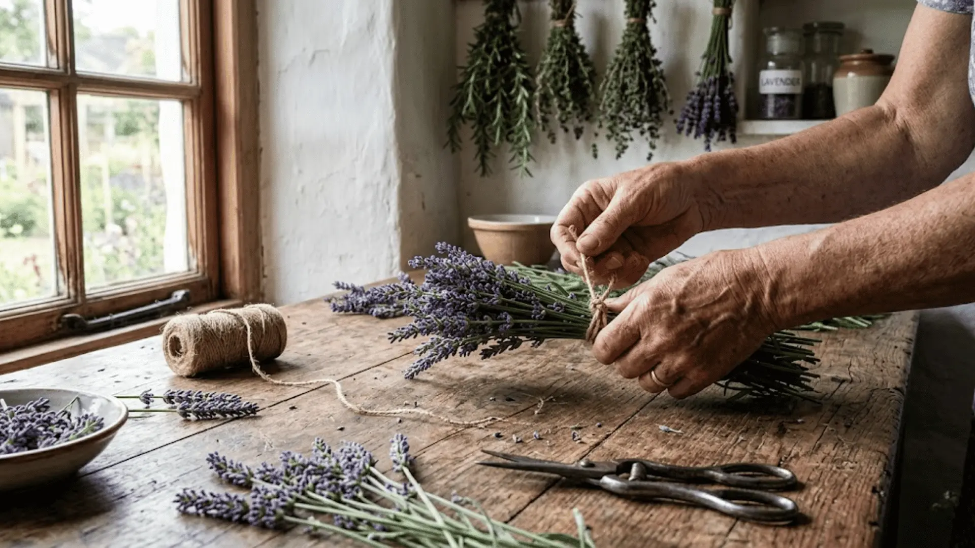 hands tying small lavender bundles with jute twine on a rustic wooden farmhouse table