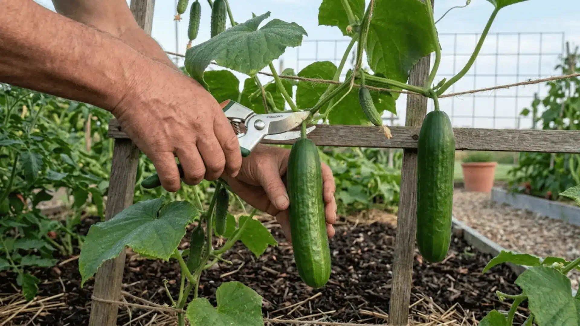 hands using garden shears to harvest a firm deep green cucumber from a vine in a kitchen garden at early morning