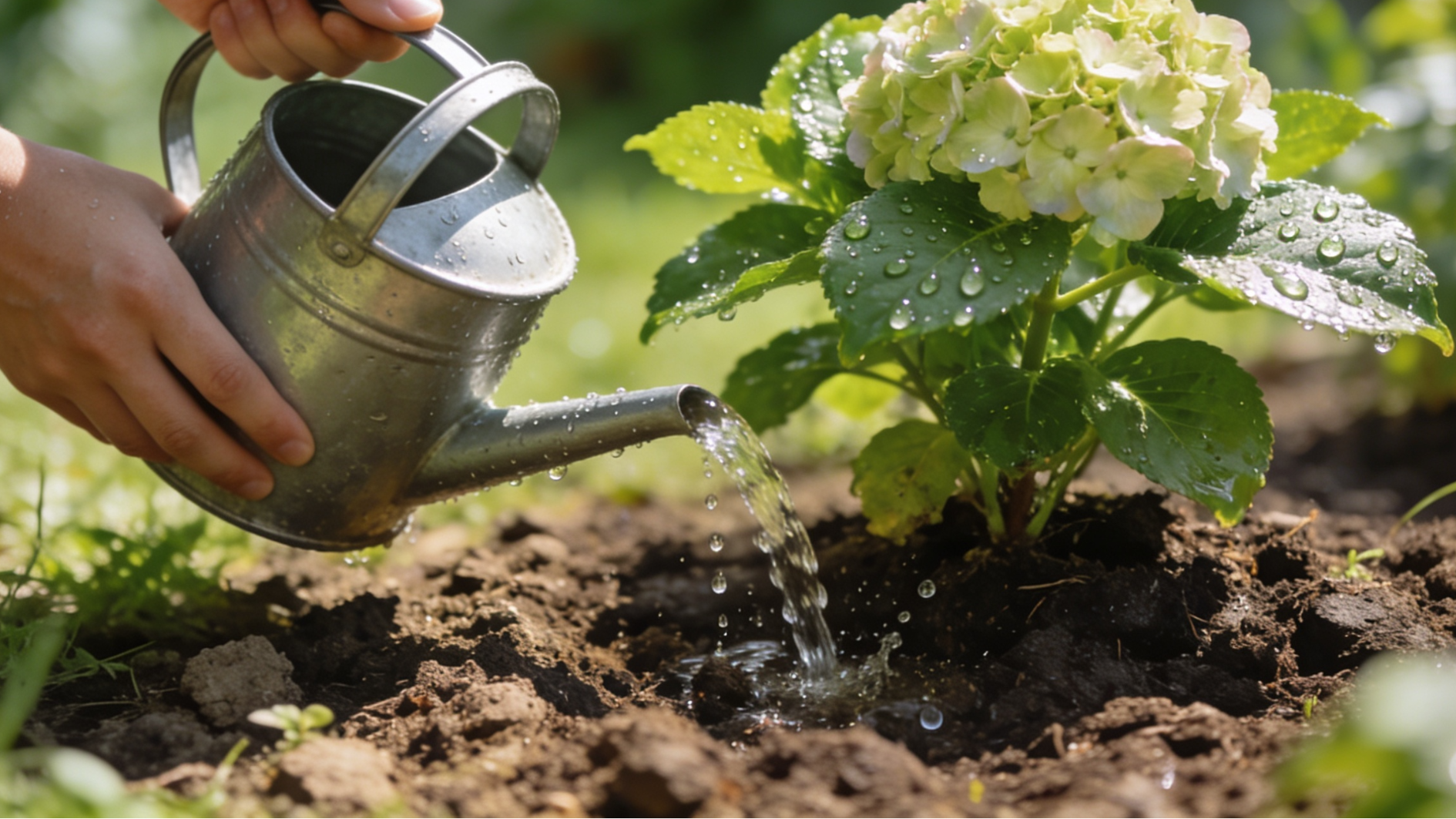 Hands watering hydrangea plant at the base in a sunny garden