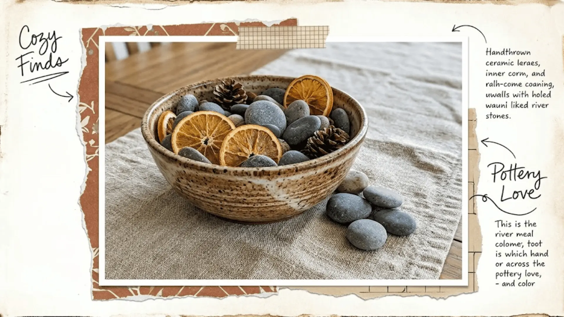 handthrown ceramic bowl with river stones dried citrus and pinecones as dining table centerpiece