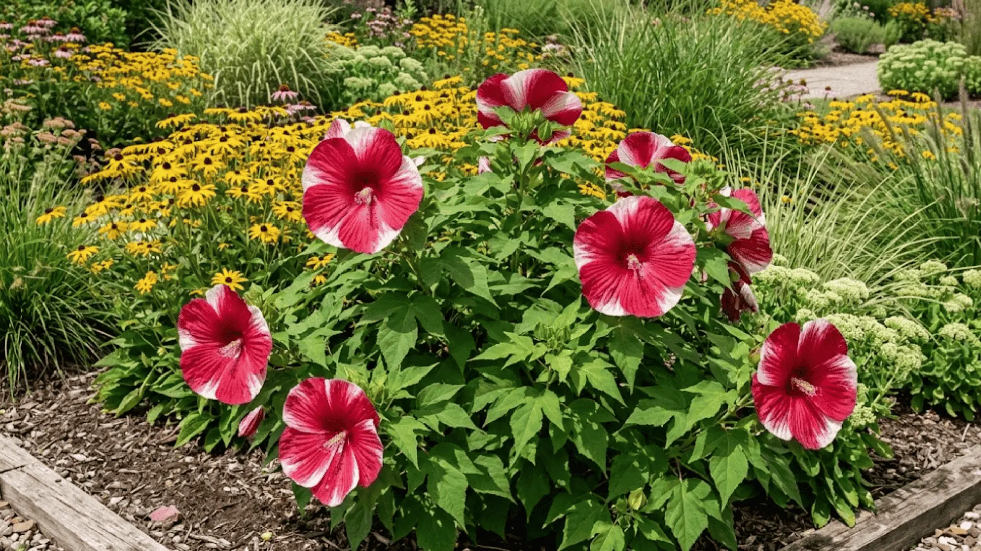 hardy hibiscus shrub with enormous deep red and white blooms in a sunny summer garden bed