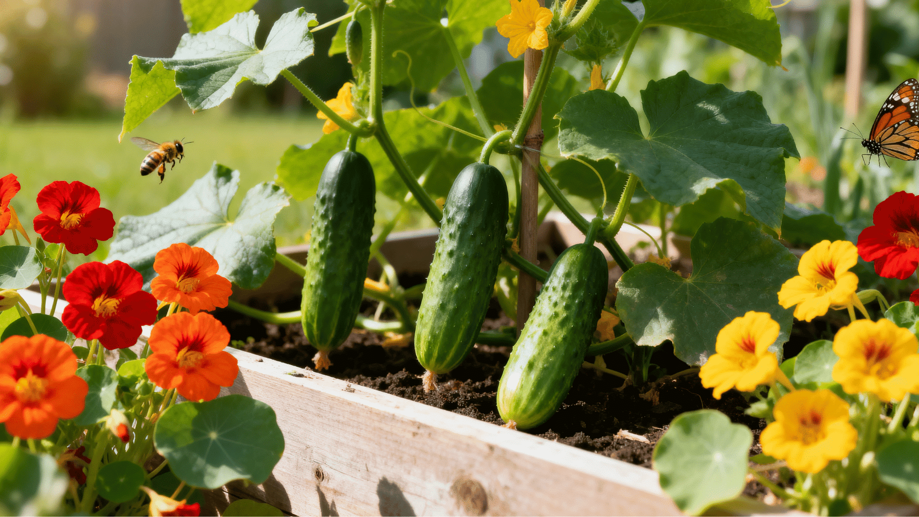 healthy cucumber plants surrounded by colorful nasturtium flowers with bees and butterflies in a raised garden bed.