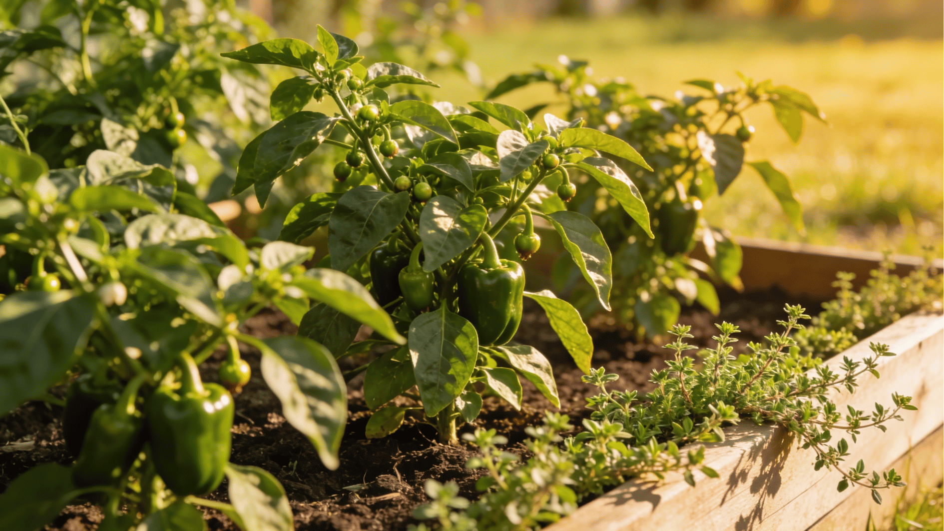healthy oregano growing along edge of raised bed with green pepper plants in background under soft golden sunlight