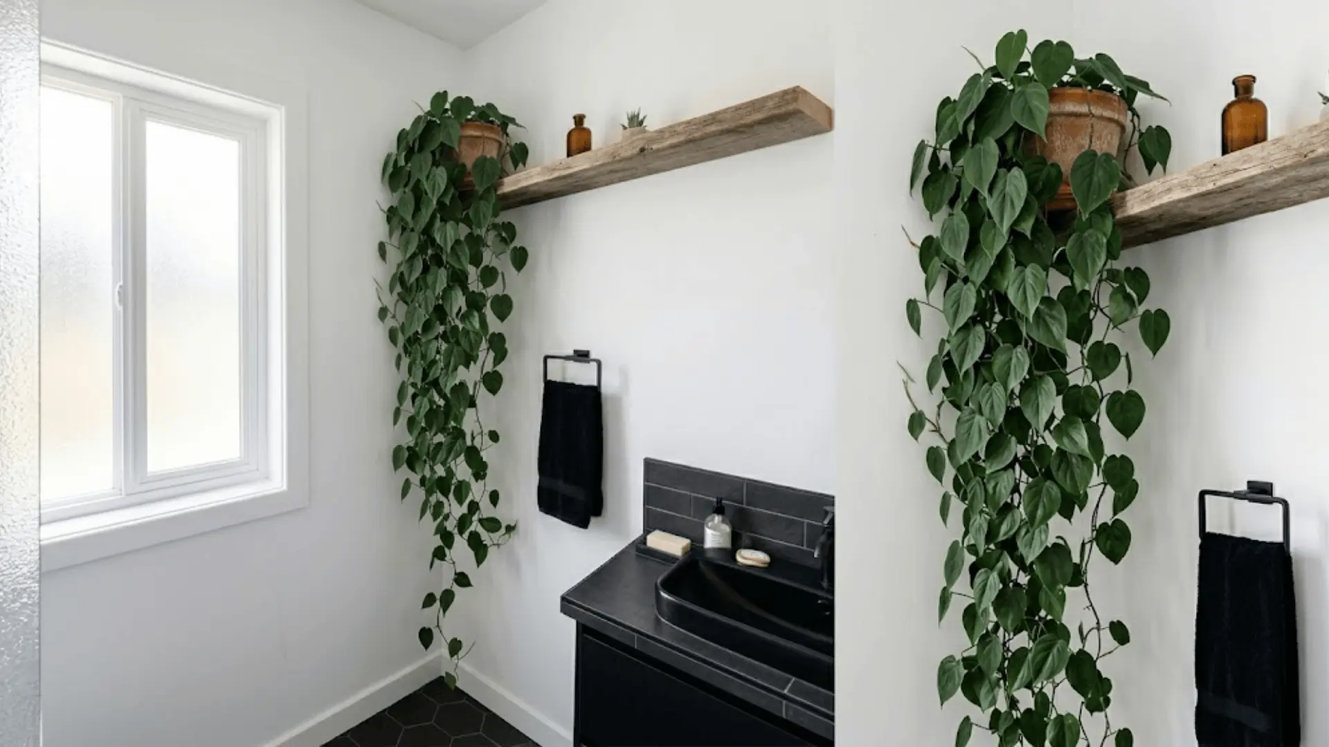 heartleaf philodendron trailing from a corner shelf in a white bathroom with black fixtures and daylight