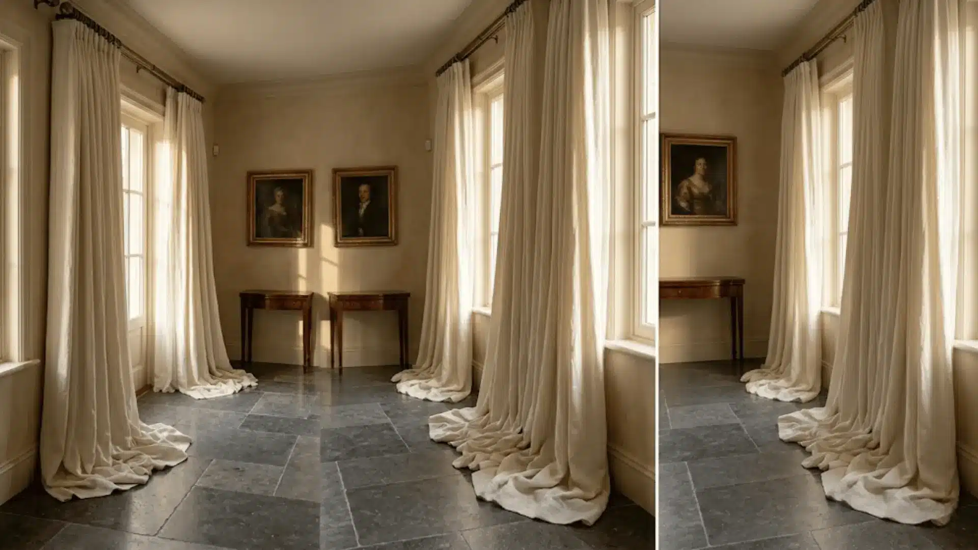 heavy linen curtains pooling onto stone floor in a warmly lit formal interior with soft romantic fabric folds