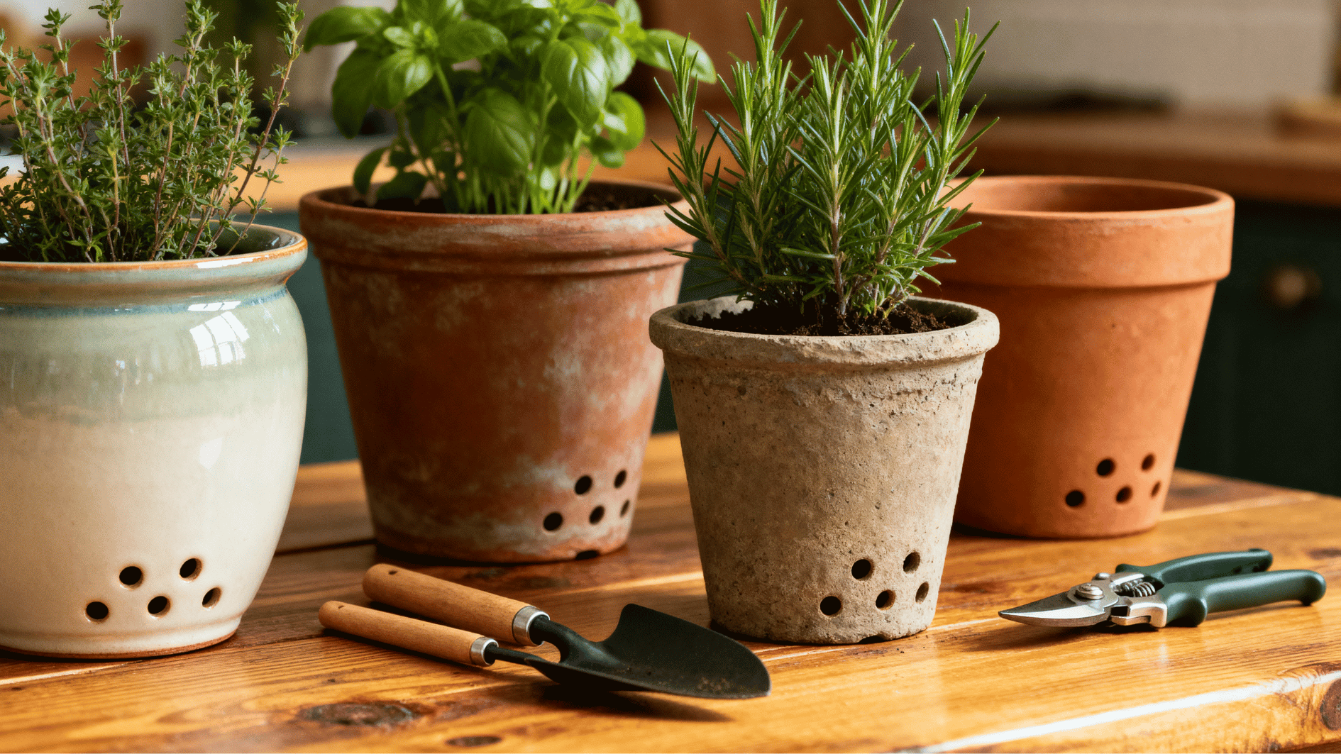 herb pots with drainage holes placed on a wooden table beside small gardening tools in a cozy indoor setting.